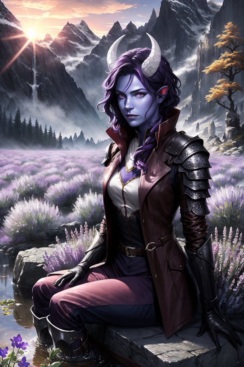 Beautiful tiefling woman, athletic, dark purple hair, blue skin, purple eyes, brown coat, fantasy, medium breasts, horns, armored adventurer outfit, leather gloves, white cloth, glowing, art by greg rutkowski, armor, sitting at a stone well, small stream, sunrise over mountains in the distance, outdoors, landscape, nature, lavender field, a field full of deep violet flowers, ((masterpiece, best quality)),tiefling