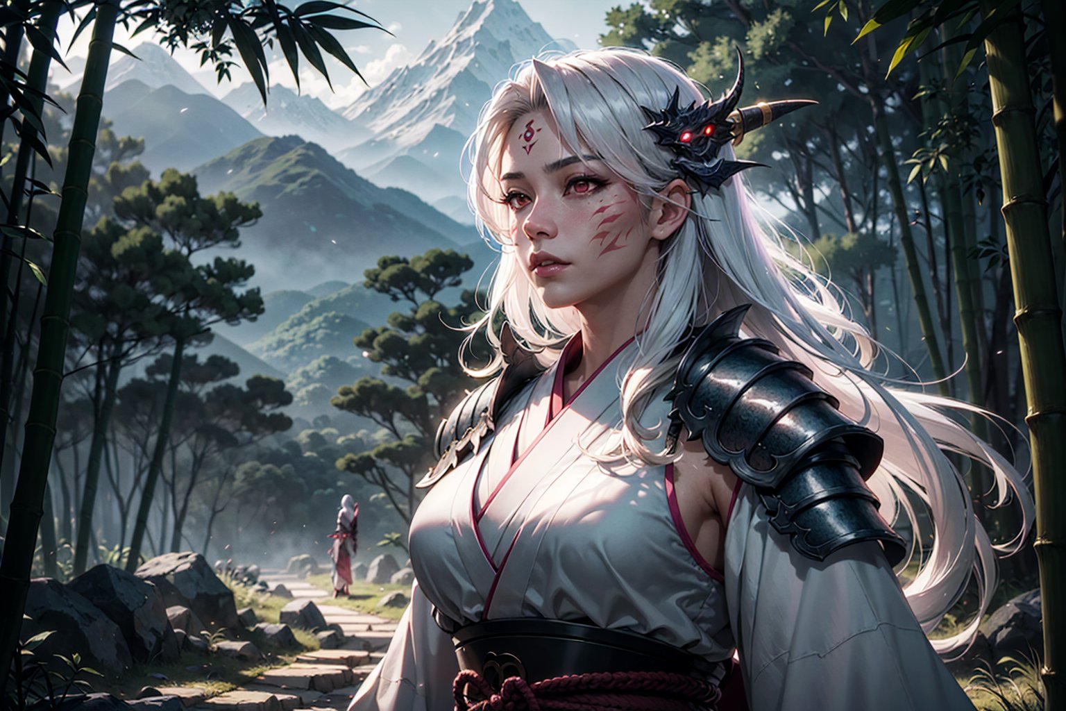 1girl, half dragon, beautiful muscular athletic samurai, scales, wearing armored kimono, bright glowing pink eyes, japanese clothes, long white hair, grey skin, facial mark, fantasy bamboo forest, asian mountains in backround, athletic, volumetric lighting, best quality, masterpiece, realistic