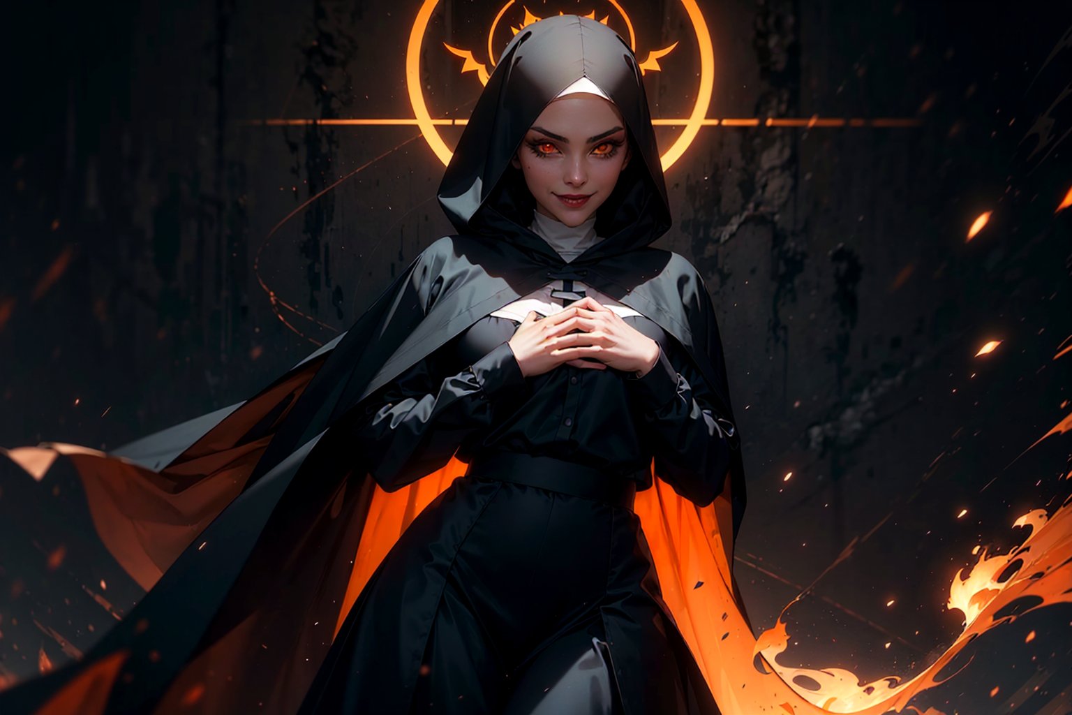 1 girl. beautiful, athletic, long black nun outfit, hooded, silk cloth around chest, long skirt, pale skin, short hair, braided, burning orange demon eyes, runny makeup, runny mascara, evil smile, praying, black halo, volumetric lighting, best quality, masterpiece, realistic, perfect hands,r1ge