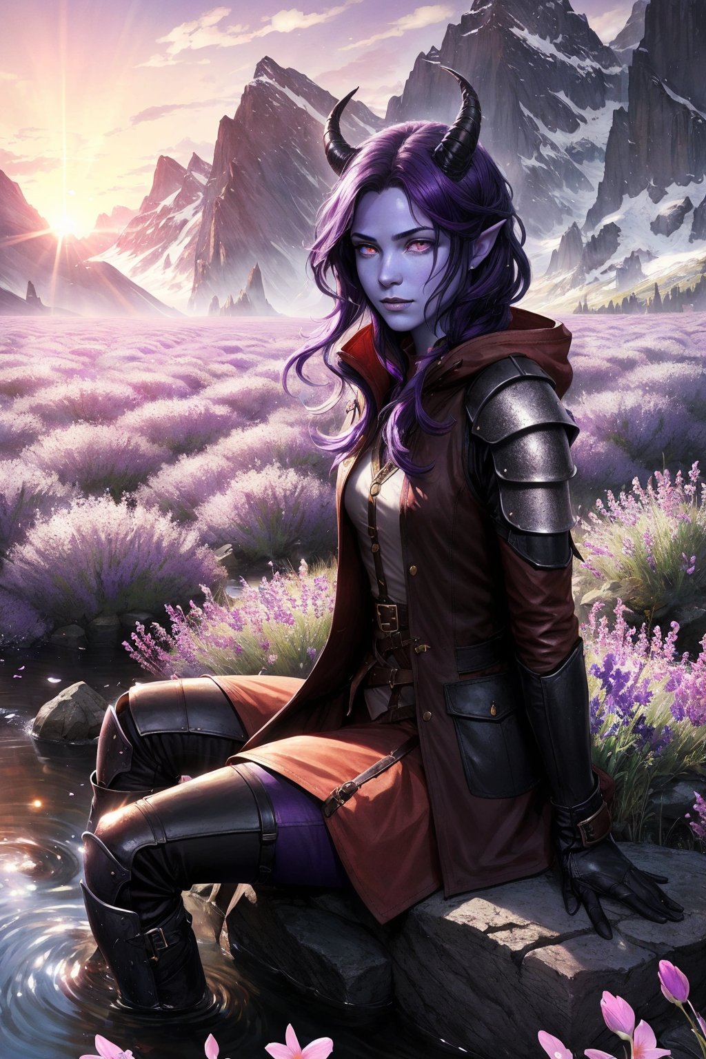 Beautiful tiefling woman, athletic, dark purple hair, blue skin, purple eyes, brown coat, fantasy, medium breasts, horns, armored adventurer outfit, leather gloves, white cloth, glowing, art by greg rutkowski, armor, sitting at a stone well, small stream, sunrise over mountains in the distance, outdoors, landscape, nature, lavender field, a field full of deep violet flowers, ((masterpiece, best quality)),tiefling