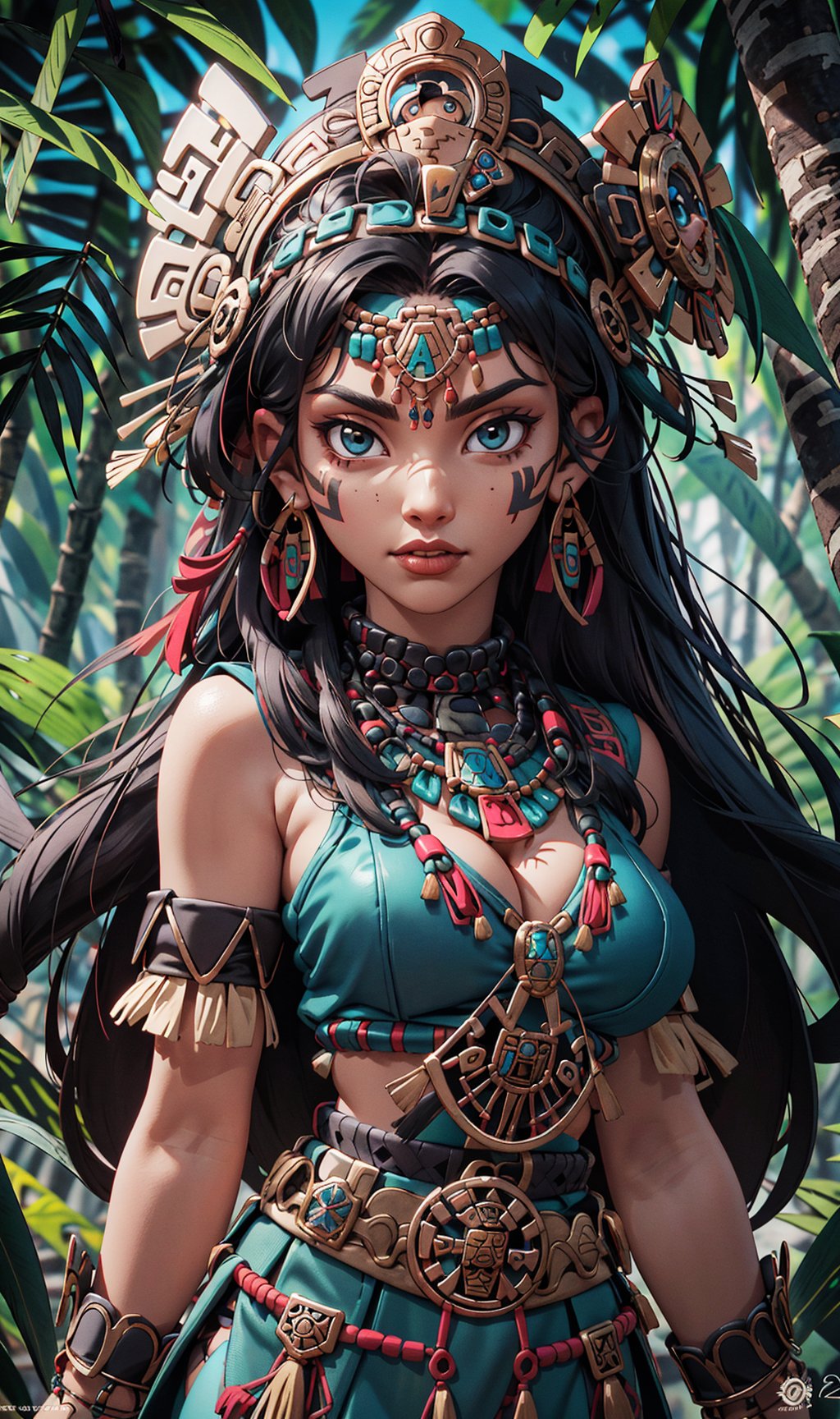 medium close up, visible up to the waist
, Aztec woman, medium breast, Aztec traditional long colorful dress, shining smaragd jewelery, Aztec headdress, bright glowing caramel eyes, black hair,, facial marks, standing before an aztec temple in a jungle as backround, athletic, volumetric lighting, best quality, masterpiece, realistic, vibrant colors,