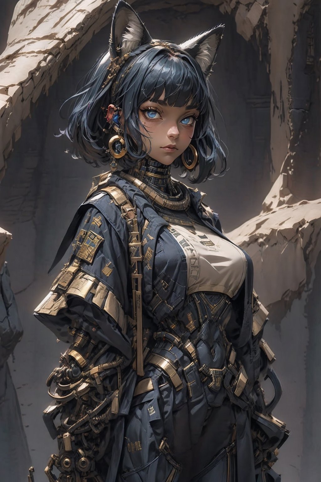 masterpiece, ultra hd, 8k,hdr, dynamic , blue eyes , hyper realistic, detailed background, finely detailed_body, big_boobs , fullbody,1girl, long_hair , (dark blue hair color:1.2), (bright eyes:1.1), | , egyptian, egyptian clothes , egypt godess ,egypt , hecate , fox_ears , seethru , Animal ear, perfecteyes,Detailedface,Detailedeyes,mechanical_arms,cybernetic_enhancements,a futuristic city with a futuristic building in the background,outfit,urban techwear,Cave