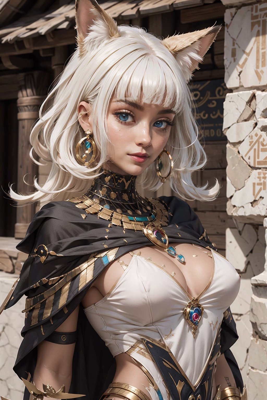 masterpiece, ultra hd, 8k,hdr, dynamic , blue eyes , hyper realistic, detailed background, finely detailed_body, big_boobs , fullbody,1girl, very long hairstyle, (white hair color:1.2), (bright eyes:1.1), |  egyptian, egyptian clothes , egypt godess ,egypt , hecate , fox_ears , seethru , Animal ear,perfecteyes , ,Detailedface,Detailedeyes,mechanical_arms,cybernetic_enhancements, makeup,nadja