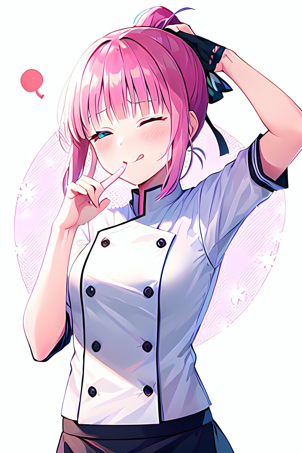 nn1, nakano nino, 1girl, hair ribbon, short hair, ponytail, chef uniform, chef, white shirt, black skirt
masterpiece,high quality,best quality,ultra detailed,looking at viewer , blush,virgin killer

TEHEPERO,DOJIKKO POSE,ARM UP,LICKING LIPS,ONE EYE CLOSED,;Q,>_O,STAR \(SYMBOL\),CLENCHED HAND