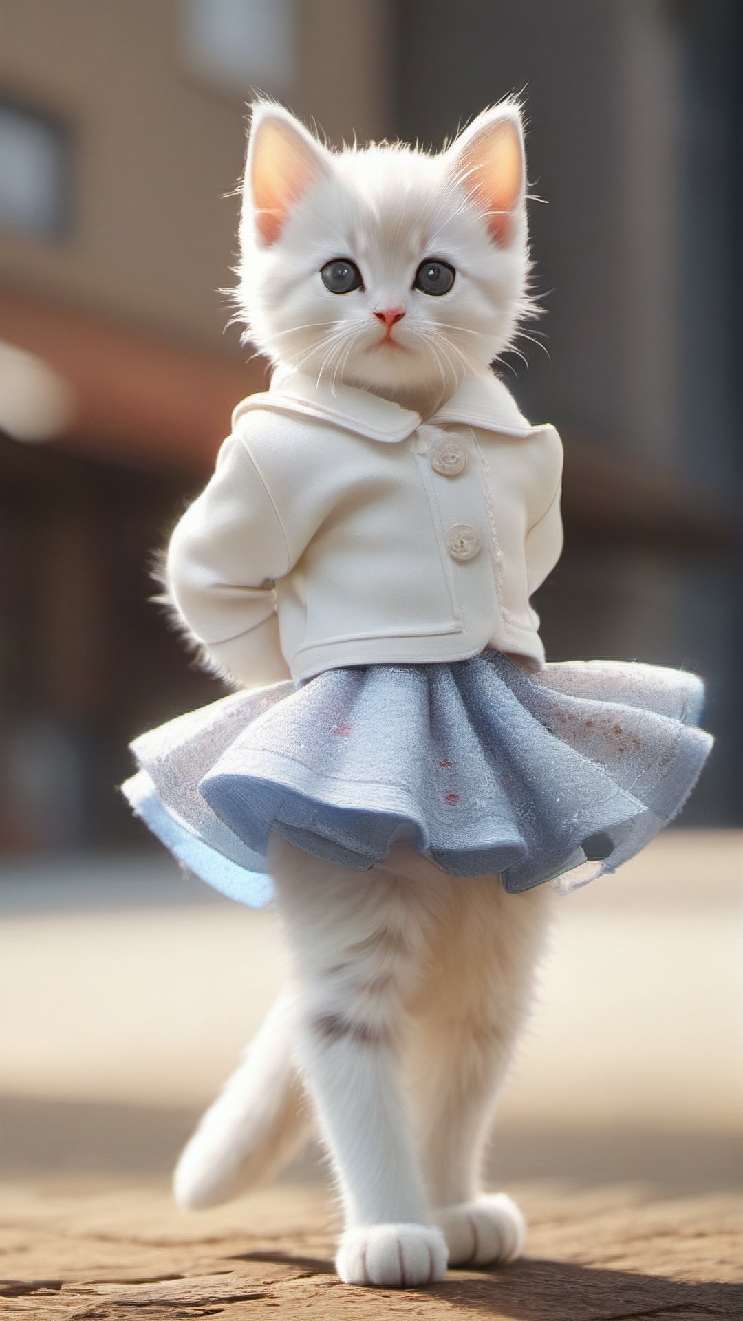 Xxmix_Catecat, white tiny kitten dressed in short skirt, standing, photorealistic, highly detailed, sharp focus, full body, intricate details