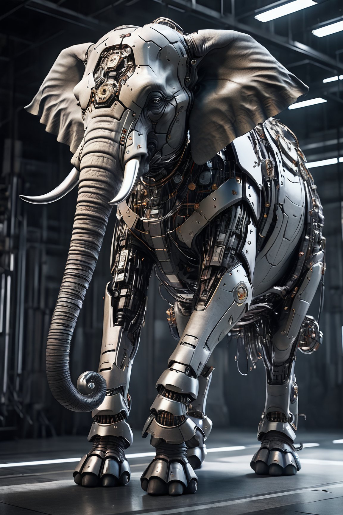 a bio mechanical cyborg elephant, 3d style, thigh up shot, cyborg style, Movie Still, Leonardo Style