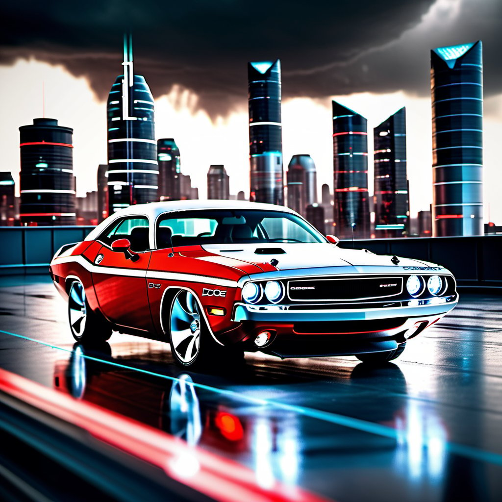 Create a highly realistic image of a DODGE CHALLENGER in dazzling white and red colors. The car should be the focal point of the image, positioned slightly off-center and facing diagonally towards the right side of the frame. The car's exterior should exhibit fine details, with the metallic white body reflecting the surrounding environment. The red accents on the car, including the racing stripes and logo, should be vibrant and eye-catching.

Place the DODGE CHALLENGER within a cyber city setting, surrounded by futuristic buildings that soar into the sky. The buildings should have sleek and innovative designs, featuring smooth surfaces, angular architecture, and illuminated windows that emit a soft glow. The cyber cityscape should extend into the background, with several buildings gradually fading into the blurred distance.

The sky above the cyber city should be dark and dramatic, with ominous clouds swirling in shades of gray and deep blue. A sense of impending thunderstorm should be conveyed through the sky's atmosphere, making the viewer feel the electricity in the air. The lighting in the image should be dynamic, with subtle highlights on the car's body and glossy reflections that mirror the surroundings.

Ensure that the car is placed in the foreground, with a slight motion blur added to the wheels and surroundings to convey a sense of speed and dynamism. The reflections on the car's glossy surface should accurately depict the futuristic cityscape and thundering sky, adding to the realism of the image.

Overall, the image should capture the essence of a DODGE CHALLENGER driving through a cyber city on a stormy day, blending the sleek and powerful aesthetics of the car with the urban futurism of the surroundings. The attention to detail and realistic lighting should create an immersive visual experience for the viewer.