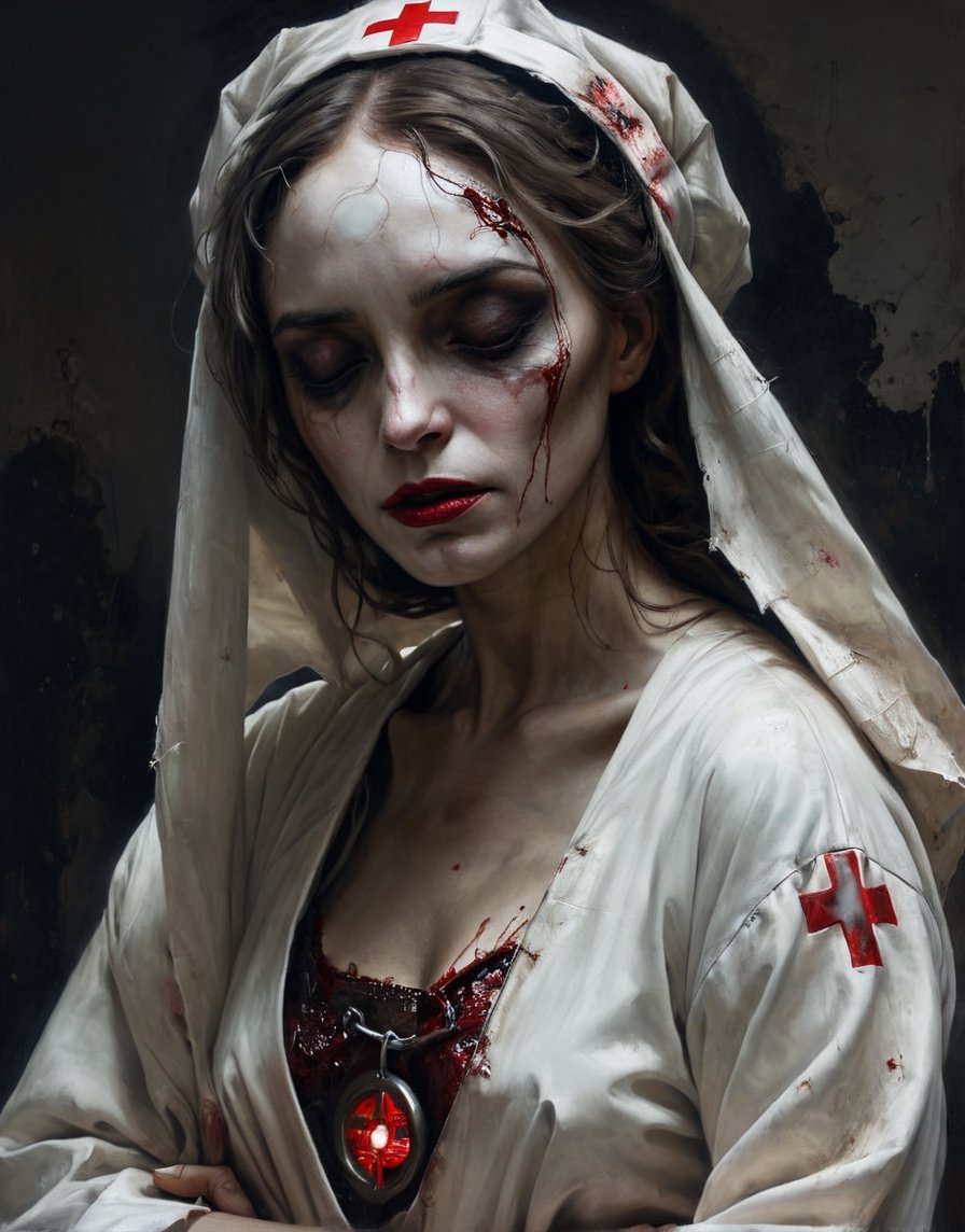 A close up painting of a   creepy   woman   wearing a hole in the chest,(( wearing dirty white hospital gown)),armour,inside a creepy hospital, rusy and creepy hospital room,, red halo around the head,((she is looking down at the ground )),,close up potrait,  detaild background , horror, ,    armour ,ruined hospital, titled,,    detaild background   ,,  Gothic atmosphere,highly detaild,  intricate details, concept art,in the style of nicola samori,   epic sense, ((concept art ))