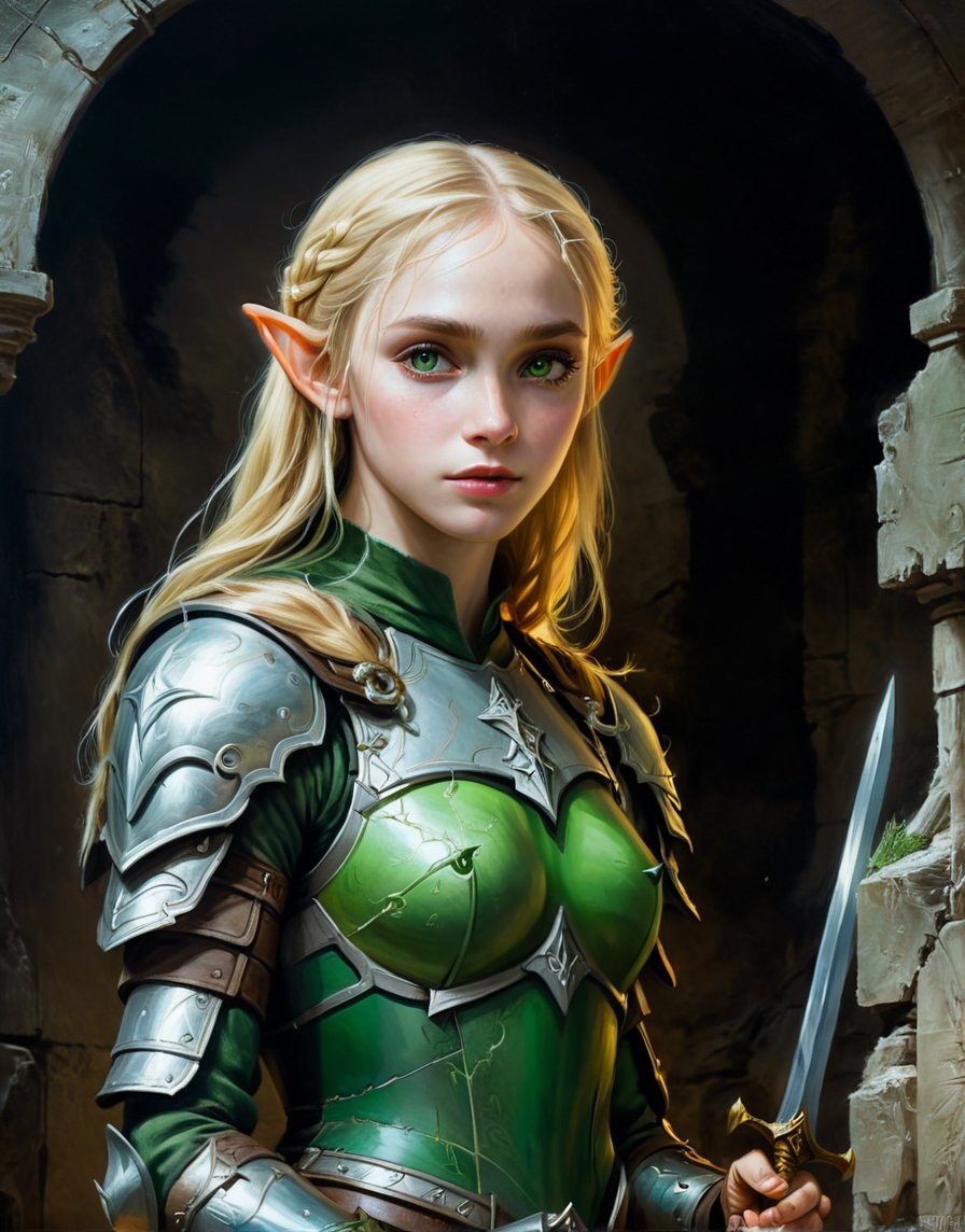 A close up painting of a   megestic   young elf women wearing beautiful green battle armour inside a   ruined castle, (blonde hair), ,vibrent, ((ethernel   )),beautiful  elf,medivel , ,close-up potrait,  detaild background  ,    detaild  , (magical ), glowing   eyes,, epic, ethernel,  whismical atmosphere,highly detaild,  intricate details, concept art,in the style of nicola samori,   epic sense, ((concept art ))