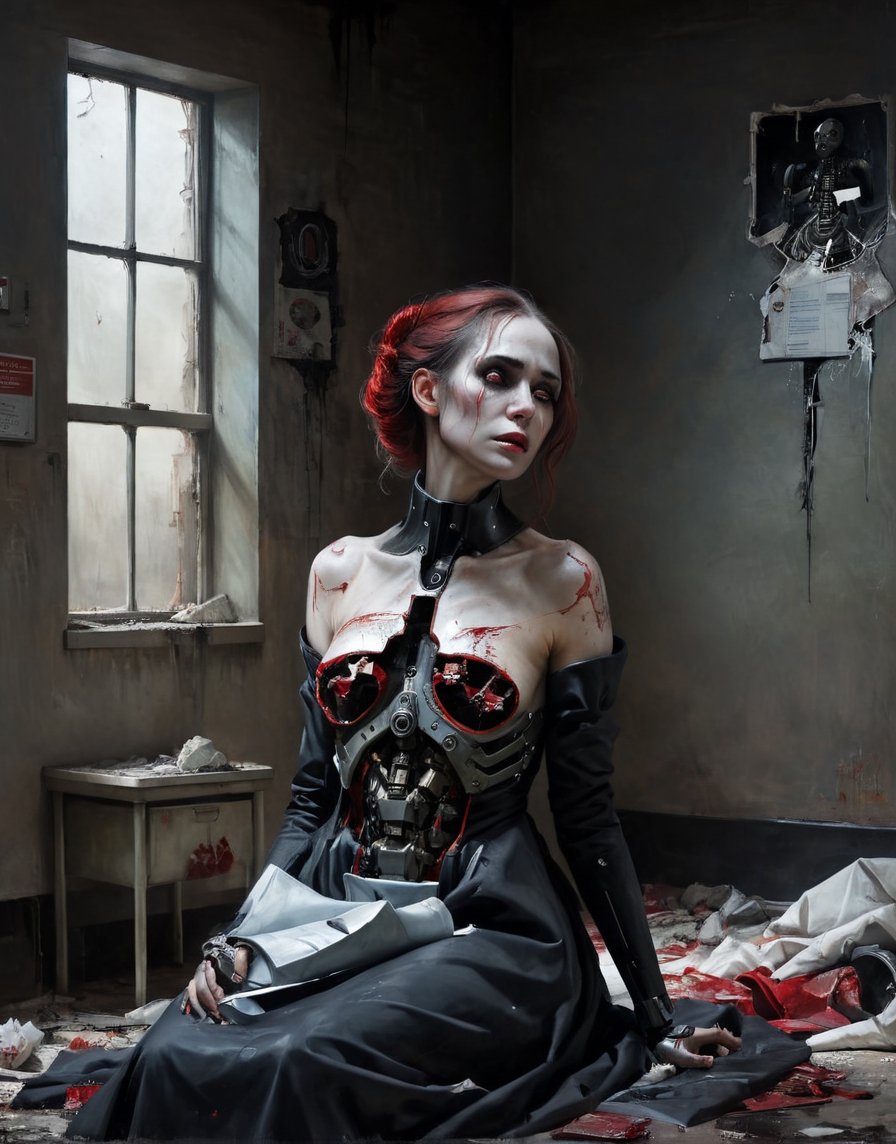 A close up painting of a   creepy   woman  in a ruind hospital, ((detaild hospital room background, ceramic titled walls )),sitting,dirty broken hospital bed, garbage on the floor,  a hole in the chest,(( wearing dirty black hospital gown)), ,inside a creepy hospital, rusy and creepy hospital room,, red halo around the head,((she is looking down at the ground )),,close up potrait,  detaild background , horror, ,    armour ,ruined hospital, titled,,,((she has a highly detaild large mecha hole in the middle of the chest With mechanical parts inside)),   detaild background   ,hospital in hell,Gothic atmosphere,highly detaild,  intricate details, concept art,in the style of nicola samori,   epic sense, ((concept art ))