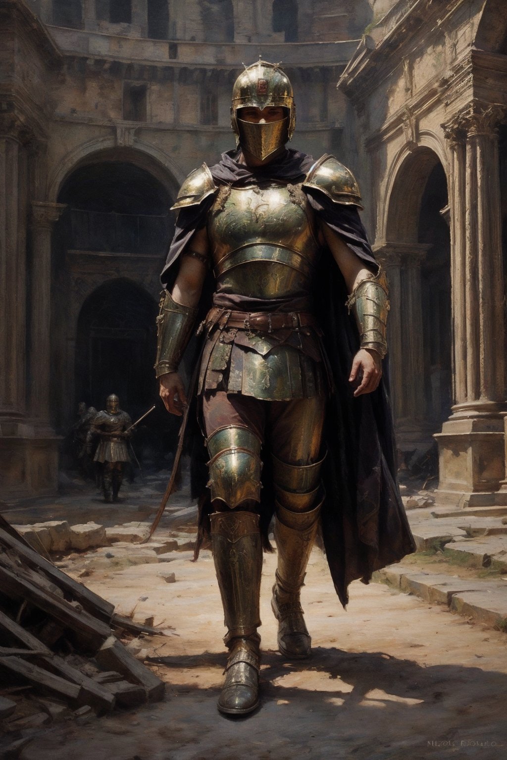 , ultra high resolution, 8k, masterpiece UHD, unparalleled masterpiece, ultra realistic 8K, 
Atmospheric perspective. Full body shot, a a roman gladiator, cape gladiator helmet, cape, megestic gladiator in Colosseum Golden armour ,,in a roman arena, dedly fight, fighters background ,    ,, highly detaild,,  , detaild background,,moss,vains,aincent ruins,Colosseum background,  intricate details, concept art,in the style of nicola samori,