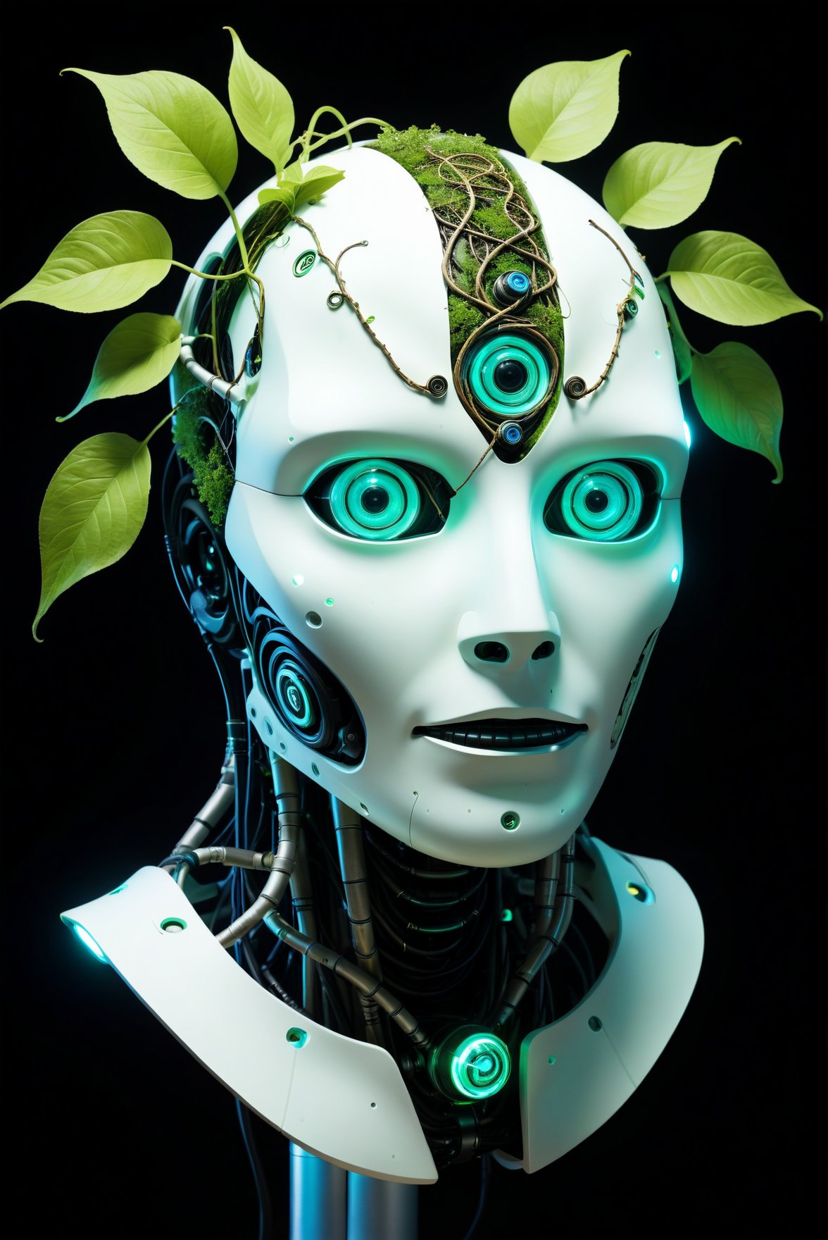 A colossal robot head adorned with ancient scrolls and glyphs. and the robot head is also integrated with a tangle of bioluminescent vines and glowing fungi.  These organic elements appear to power and enhance the robot's functionalities.it  has a tactical mask. The mask is constructed from a dark, matte composite material with a sleek, angular design. ,Glowing green orbs embedded within its face scan and analyze the environment,  preserving information for future generations.