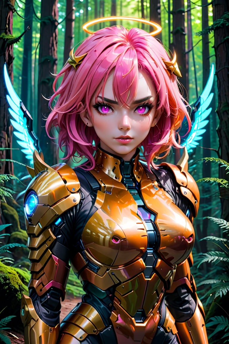 masterpiece),((futeristic )),viewed_from_front  ,  perfect  ,   , ((strong   vibrent colours)),, ((sci-fi Angele)),(masterpiece),,viewed_from_front  , megestic,(futeristic angel   ),perfect face , ((big megestic gold   wings in back )),  , ((wearing futuristic heavy   armour )),       ,((neon pink hair)) ,, facing the viewer ,    full body   heavy   orange sci-fi armour , forest background,        ,perfect face,  epic, megestic   ,,     ,    ((detaild sci-fi armour ))  , beautiful background ,vibrant colours     ,more detail XL  ,, detaild megestic face,
 , full upper body    , highly detaild , ,, facing the viewer    ,more detail XL, realistic anime girl,