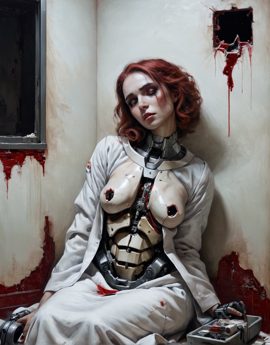 A close up painting of a   creepy   woman  in a ruind hospital, ((detaild hospital room background, ceramic titled walls )),sitting, hospital bed, garbage on the floor,wearing a hole in the chest,(( wearing dirty white hospital gown)),armour,inside a creepy hospital, rusy and creepy hospital room,, red halo around the head,((she is looking down at the ground )),,close up potrait,  detaild background , horror, ,    armour ,ruined hospital, titled,,,((she has a highly detaild large mecha hole in the middle of the chest With mechanical parts inside)),   detaild background   ,,  Gothic atmosphere,highly detaild,  intricate details, concept art,in the style of nicola samori,   epic sense, ((concept art ))