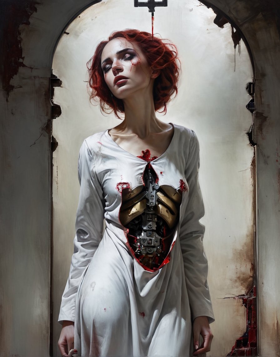 A close up painting of a   creepy   woman   wearing a hole in the chest,(( wearing dirty white hospital gown)),armour,inside a creepy hospital, rusy and creepy hospital room,, red halo around the head,((she is looking down at the ground )),,close up potrait,  detaild background , horror, ,    armour ,ruined hospital, titled,,,((she has a highly detaild large mecha hole in the middle of the chest With mechanical parts inside)),   detaild background   ,,  Gothic atmosphere,highly detaild,  intricate details, concept art,in the style of nicola samori,   epic sense, ((concept art ))