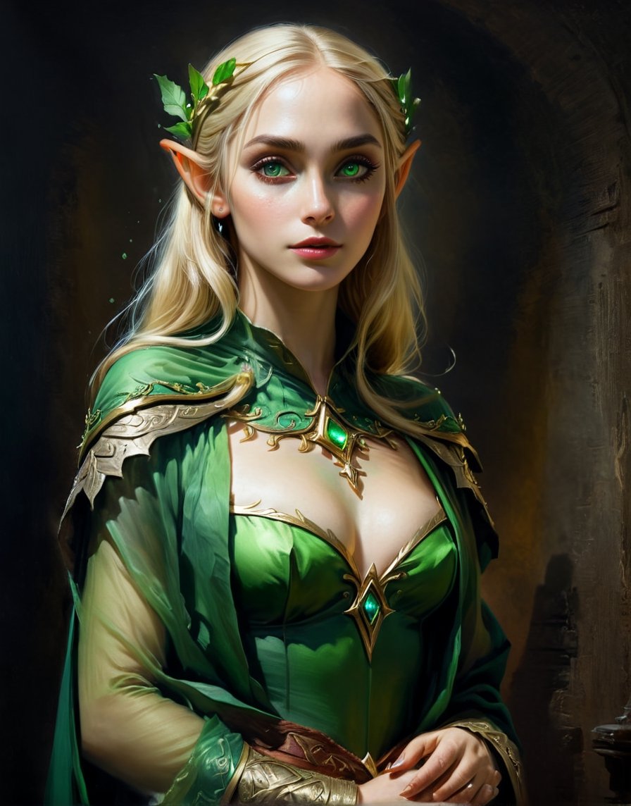 A close up painting of a   megestic   elf women wearing a beautiful green   cape,glowing  magical eyes,(  in the style of a medivel painting ), blonde,,vibrent, ((ethernel   )),musculer,  ,((medivel  ))((medivel indoor background )),,   beautiful , potrait,  detaild background  ,       , (magical ), , epic, ethernel,  whismical atmosphere,highly detaild,  intricate details, concept art,in the style of nicola samori,   epic sense, ((concept art ))
