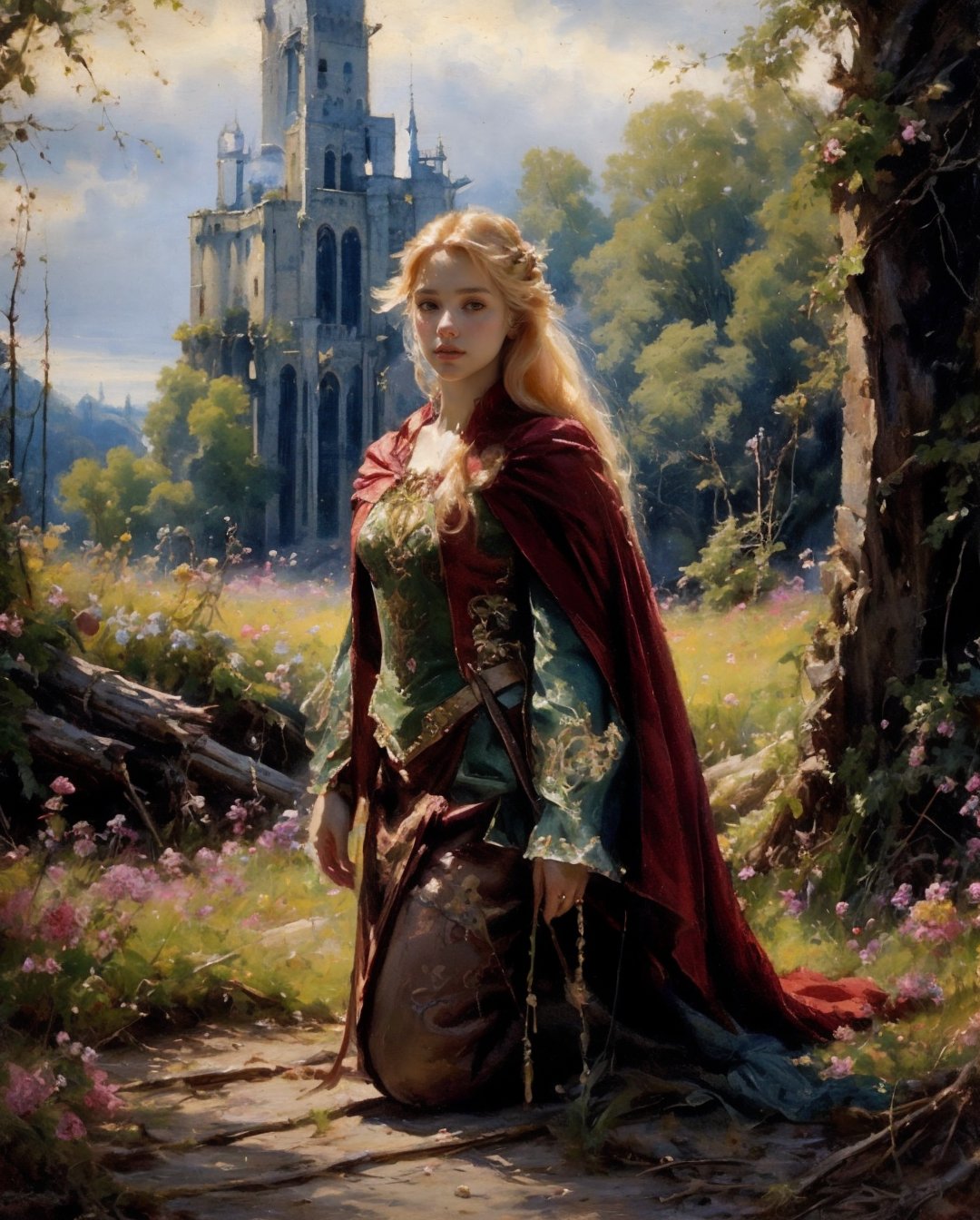 , ultra high resolution, 8k, masterpiece UHD, unparalleled masterpiece, ultra realistic 8K, 
Atmospheric perspective. Full body shot, a close up, beautiful medivel princes,extremely beautiful,blonde,  red furry cape, megestic blonde ,straight long hair,Rapunzel ,,in a beautiful meadow,with (flowers ),a ruined castle in background ,  kneeling ,, highly detaild,,  , detaild background,,  highly detaild ruind castle background,plants,beautiful and coulerful flowers,  , intricate details, concept art,in the style of nicola samori,