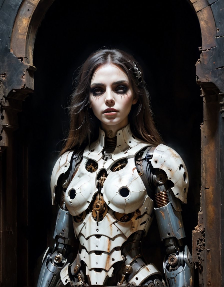 A close up painting of a   creepy ghost woman in the shadows with a hole in the chest, wearing rusty broken mecha armour,inside a decrepit church, shadows over the creepy face,close up potrait,crrepy women, horror, ,  steampunk armour ,ruined church,,((she has a highly detaild large mecha hole in the middle of the chest With mechanical parts inside)), beautiful face dark and Gothic background ,  , , detaild background,,  Gothic atmosphere,highly detaild,  intricate details, concept art,in the style of nicola samori,   epic sense, ((concept art ))