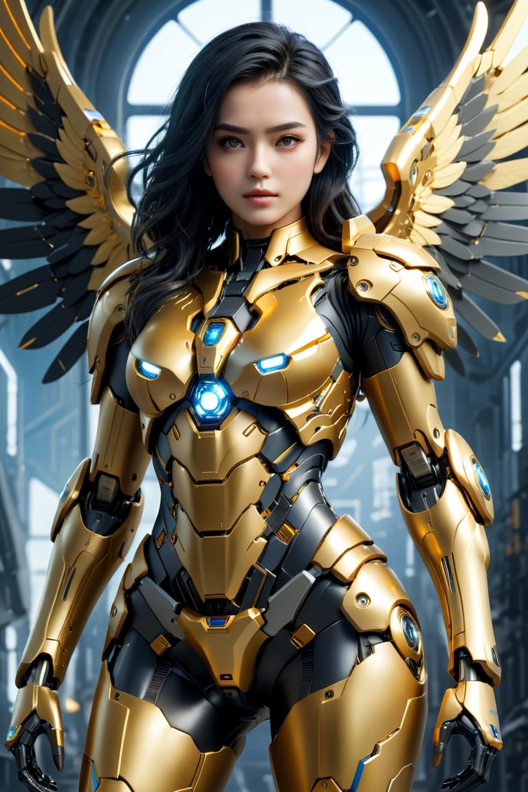 4K resalotion , (masterpiece),((   women wearing  mecha winter armour), ((beautiful detaild indoor sci-fi background )),(a Mecha Angel ),full body,,viewed_from_front  ,  perfect face , ((golden mecha wings )),, ,  ( black armour),sci-fi background ,black hair  ,facing the viewer ,  (beautiful,   ), , heavy epic armour ,  ,  (a Bear in background ), ,     ,perfect face,   ,full body ,,  wearing  ,  , mecha     armour   ,    ,vibrant colours  , realistic animi girl ,more detail XL  ,