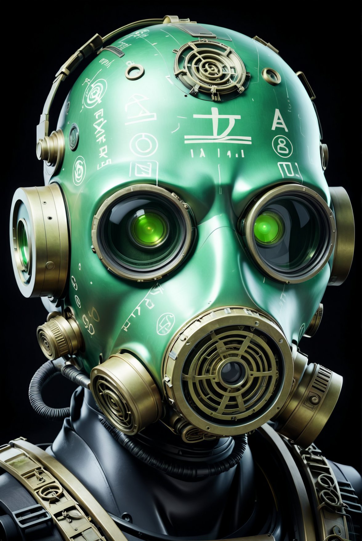 A colossal robot head adorned with ancient scrolls and glyphs. Its metallic surface seems to hold countless stories and forgotten knowledge.   ,wearing a tactical gas mask. The mask is constructed from a dark, matte composite material with a sleek, angular design. Glowing green orbs embedded within its face scan and analyze the environment,  preserving information for future generations.