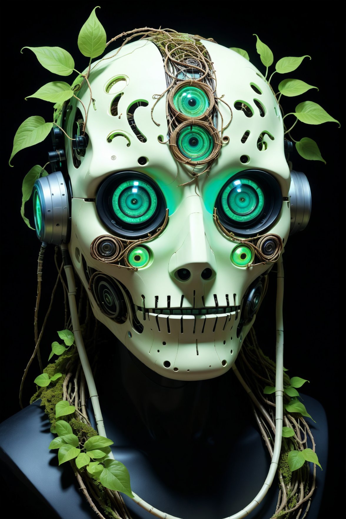 A colossal robot head adorned with ancient scrolls and glyphs. and the robot head is also integrated with a tangle of bioluminescent vines and glowing fungi.  These organic elements appear to power and enhance the robot's functionalities.it  has a tactical mask. The mask is constructed from a dark, matte composite material with a sleek, angular design. Integrated night vision goggles obscure the eye sockets,Glowing green orbs embedded within its face scan and analyze the environment,  preserving information for future generations.