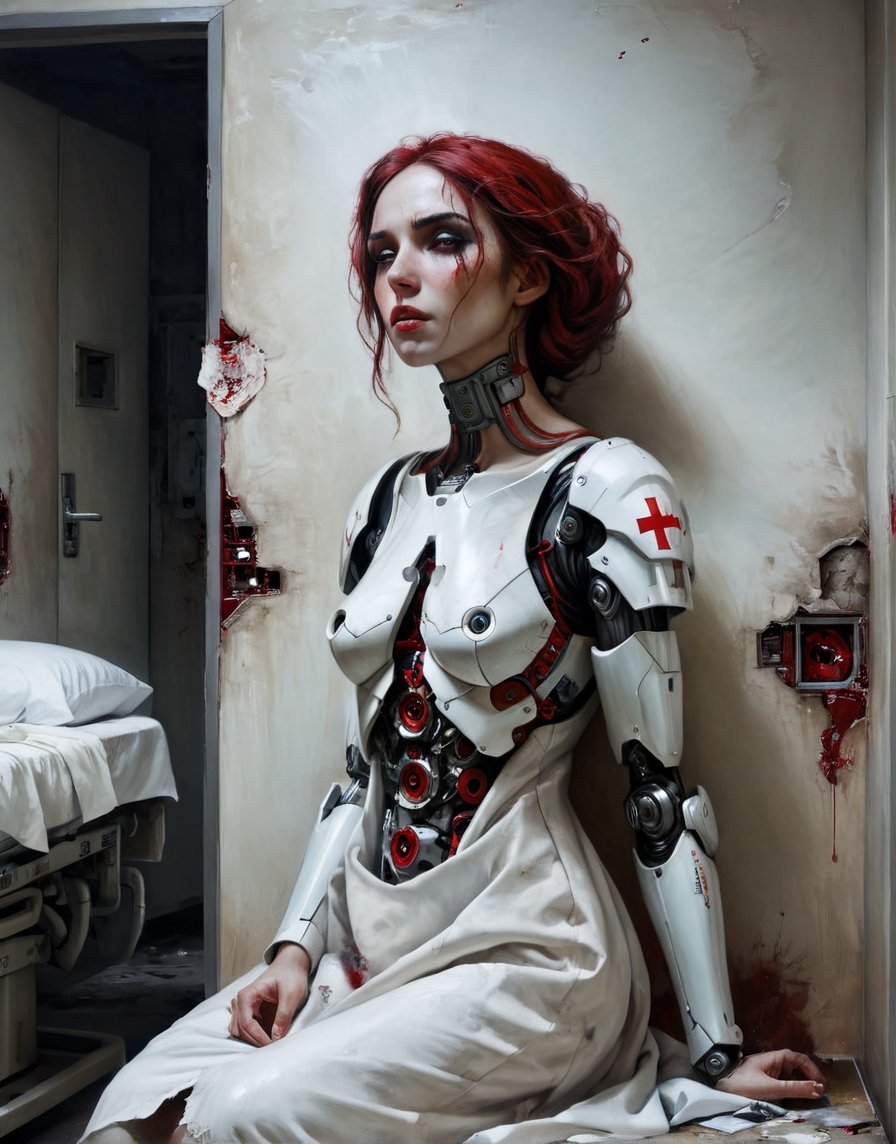 A close up painting of a   creepy   woman  in a ruind hospital, ((detaild hospital room background, ceramic titled walls )),sitting, hospital bed, garbage on the floor,wearing a hole in the chest,(( wearing dirty white hospital gown)),armour,inside a creepy hospital, rusy and creepy hospital room,, red halo around the head,((she is looking down at the ground )),,close up potrait,  detaild background , horror, ,    armour ,ruined hospital, titled,,,((she has a highly detaild large mecha hole in the middle of the chest With mechanical parts inside)),   detaild background   ,,  Gothic atmosphere,highly detaild,  intricate details, concept art,in the style of nicola samori,   epic sense, ((concept art ))