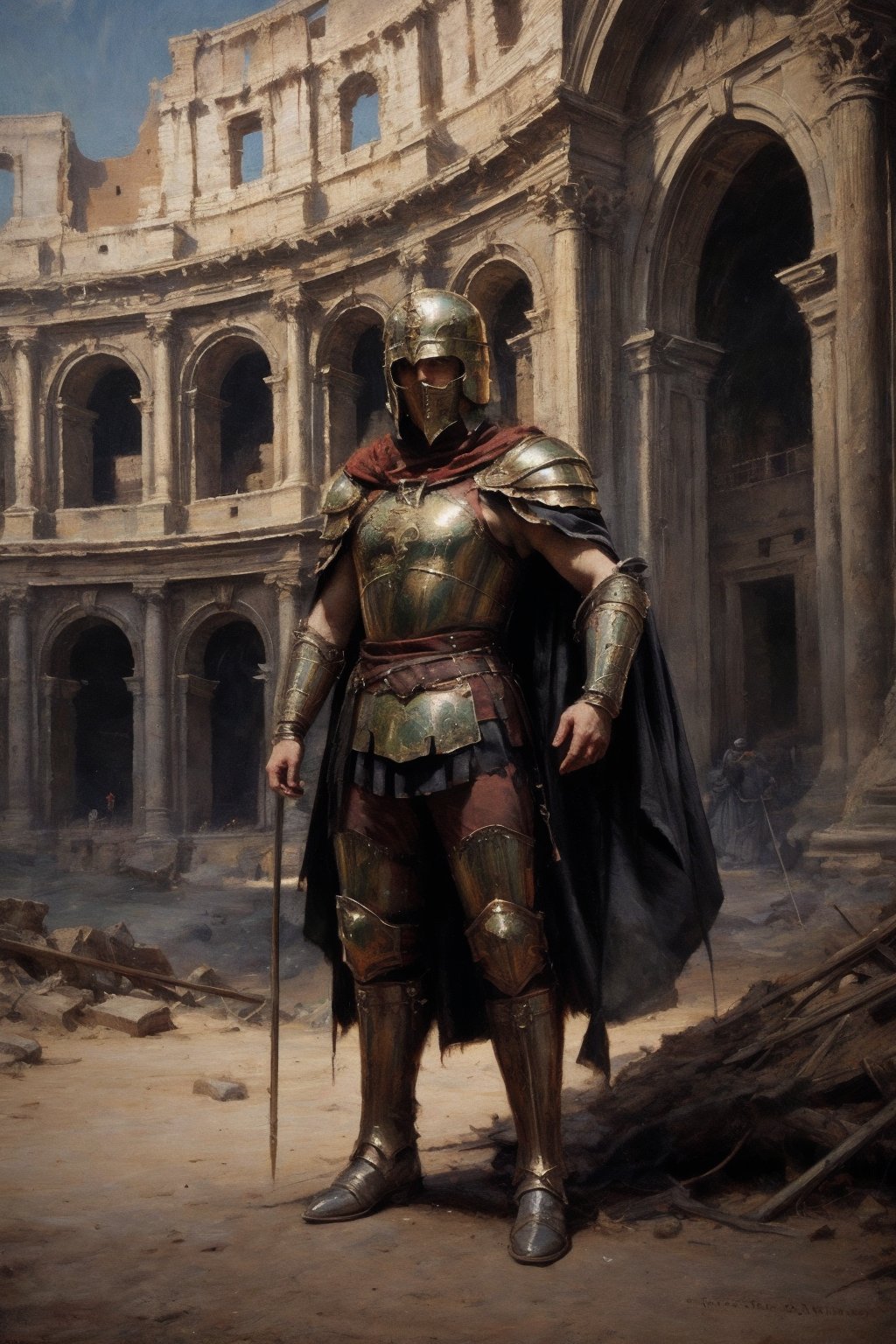 , ultra high resolution, 8k, masterpiece UHD, unparalleled masterpiece, ultra realistic 8K, 
Atmospheric perspective. Full body shot, a a roman gladiator, cape gladiator helmet, cape, megestic gladiator in Colosseum Golden armour ,,in a roman arena, dedly fight, fighters background ,    ,, highly detaild,,  , detaild background,,moss,vains,aincent ruins,Colosseum background,  intricate details, concept art,in the style of nicola samori,