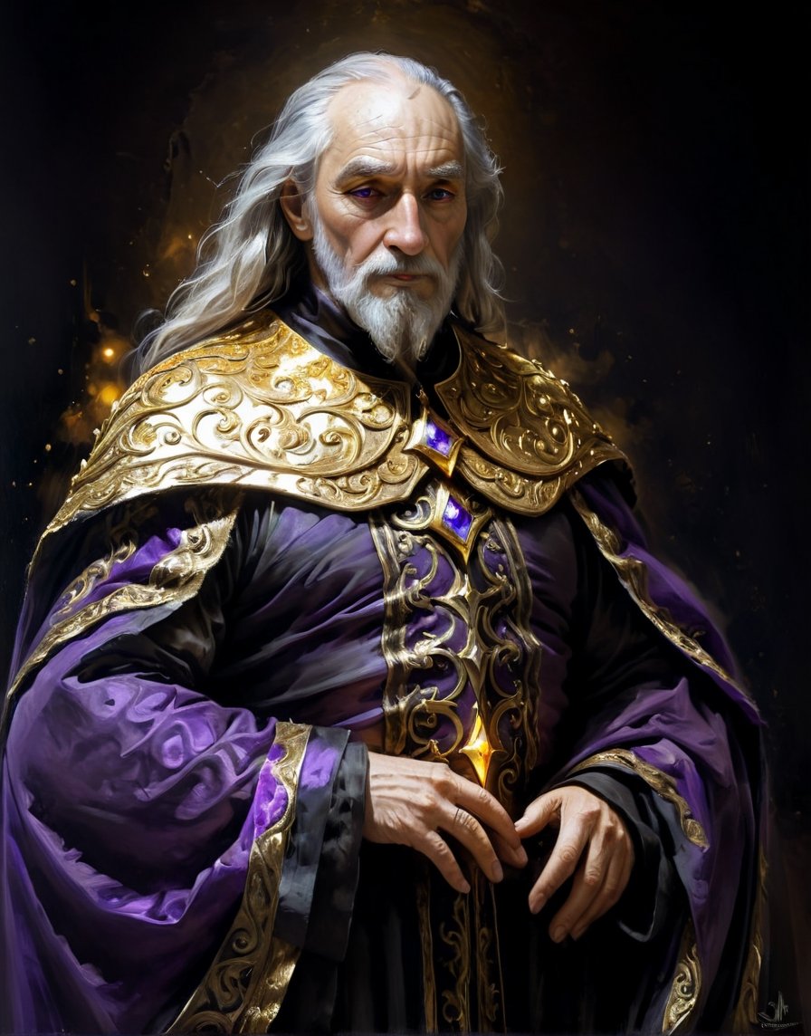 A close up painting of a   megestic   old wizard   wearing a beautiful golden and black cape   ,vibrent,  ((hands down)),((hands behind )),((ethernel   )),musculer,  ,((medivel  ))((medivel indoor background )),,   old, Beard, ,close-up potrait,  detaild background  ,    detaild  , (magical ), glowing purple eyes,, epic, ethernel,  whismical atmosphere,highly detaild,  intricate details, concept art,in the style of nicola samori,   epic sense, ((concept art )),