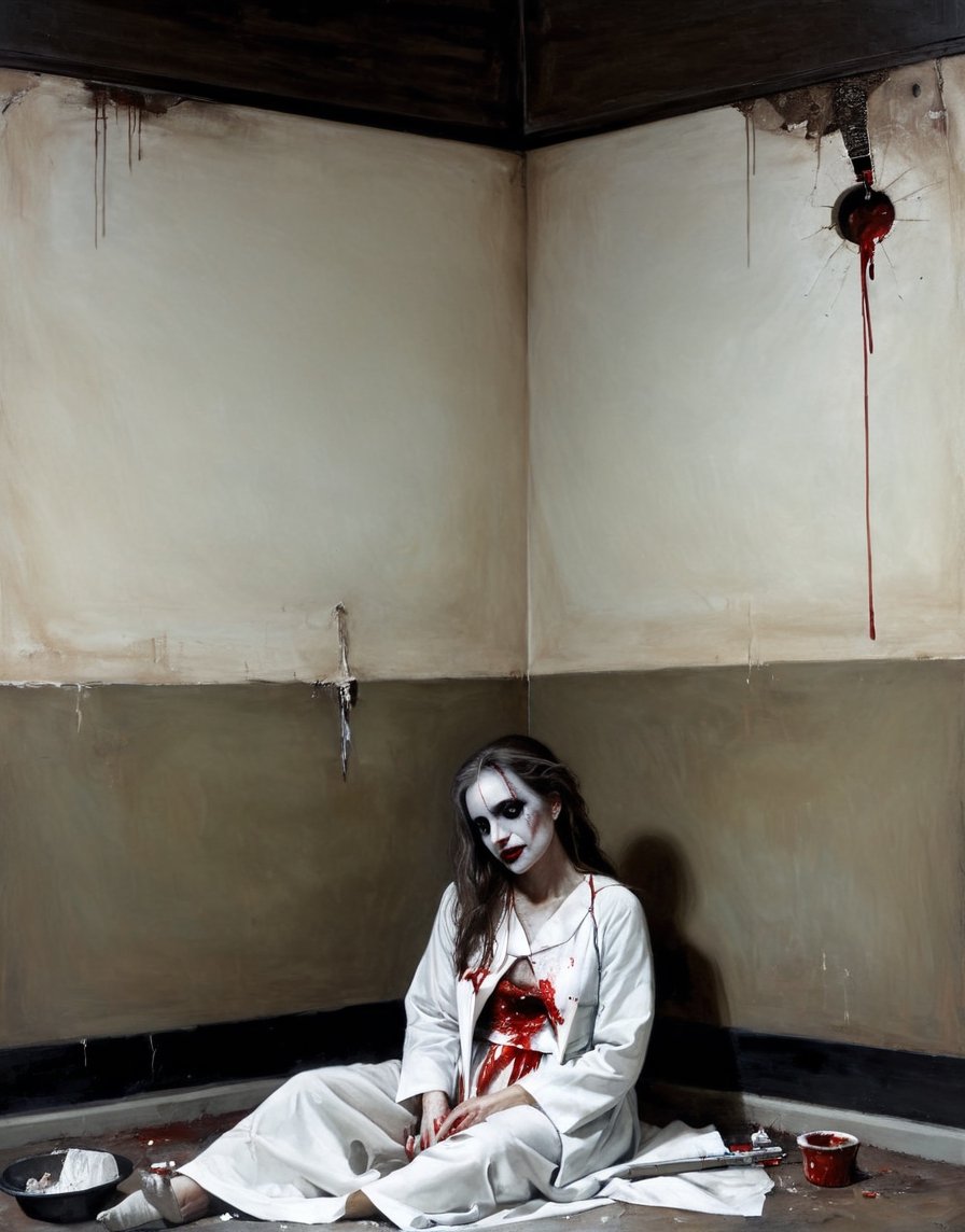 A close up painting of a   creepy   woman  in a ruind dark hospital, vintage 1980,((detaild hospital room background, ceramic titled walls )),sitting,blooddy hospital bed, garbage on the floor,  a hole in the middle of the chest,(( wearing dirty white hospital gown)),bare   shoulders, ,inside a creepy hospital,  creepy hospital room,,   ,((she is looking down at the ground )),,close up potrait,  detaild background , horror, ,    armour ,ruined hospital, titled floor ,  detaild background   ,,  Gothic atmosphere,highly detaild,  intricate details, concept art,in the style of nicola samori,   epic sense, ((concept art ))