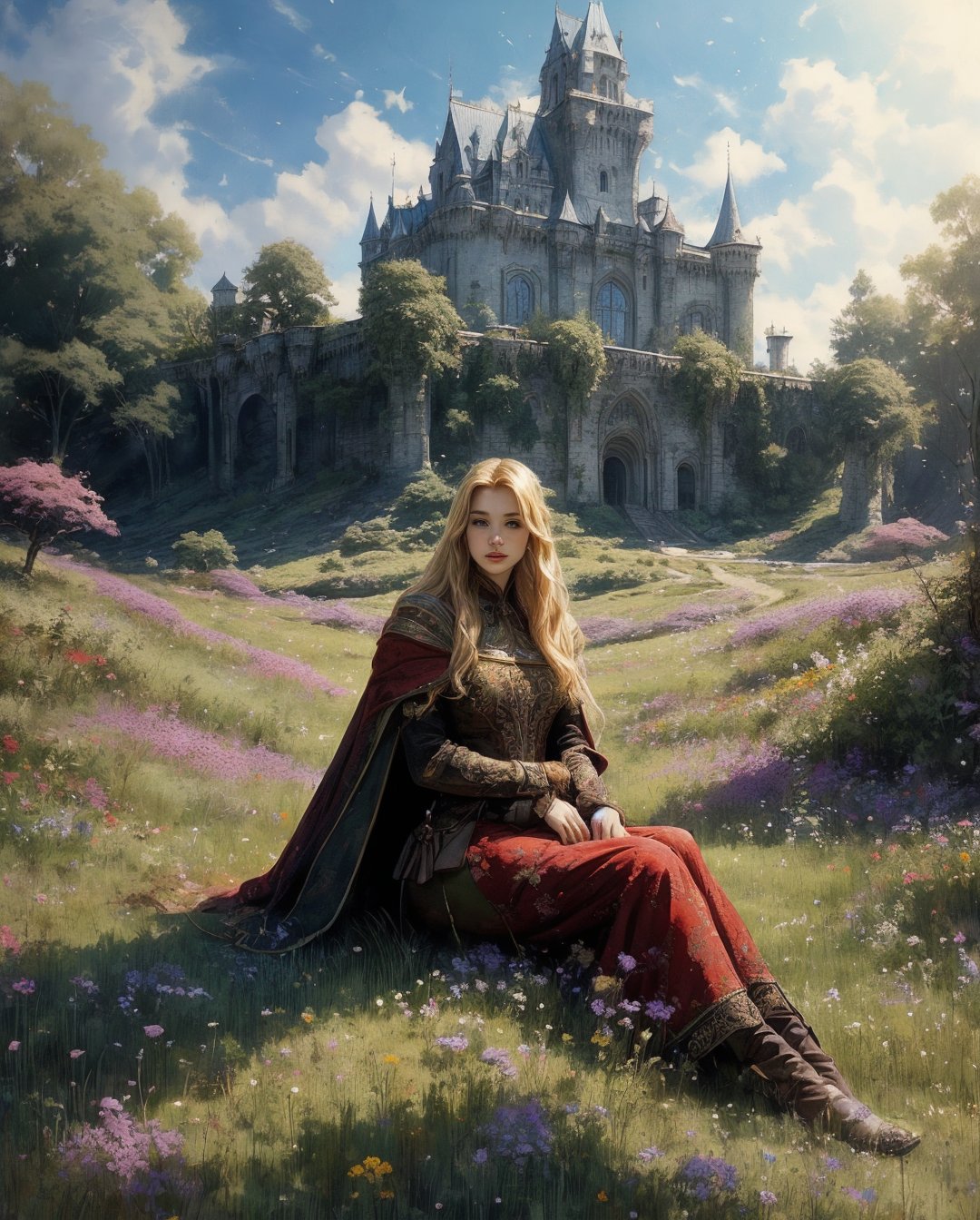 , ((close-up shot)),ultra high resolution, 8k, masterpiece UHD, unparalleled masterpiece, ultra realistic 8K, 
Atmospheric perspective.  (( close up,)), beautiful medivel princes,extremely beautiful,blonde,  red furry cape, megestic blonde ,straight long hair,Rapunzel ,,in a beautiful grass meadow,with (many wild flowers ),a ruined castle in background , snowy mountain peakes visible in distance,sitting ,, highly detaild,,  , detaild background,,  highly detaild ruind castle background,plants,beautiful and coulerful flowers,  , intricate details, concept art,in the style of nicola samori,