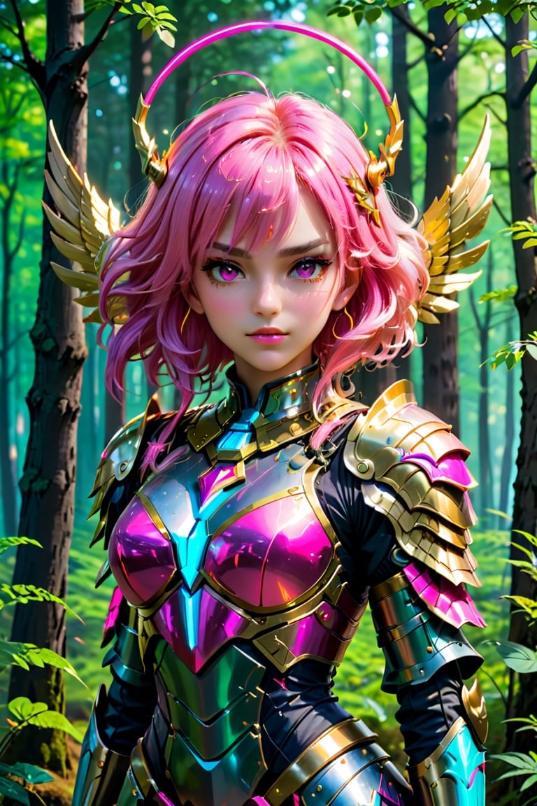 (masterpiece), ,viewed_from_front  ,  perfect  ,   , ((strong   vibrent colours)),, ((sci-fi  )),(masterpiece),,viewed_from_front  , megestic,(greek anjel   ),perfect face , ( gold   wings )), a golden halo , wearing detailed epic heavy futeristic armour ,       ,((neon pink hair)) ,, facing the viewer ,    full body   heavy   ethernel armour , (neon pink armour),Forest background,        ,perfect face,  epic, megestic   ,,  wearing  ,    ((detaild armour ))  , beautiful background ,vibrant colours  ,       ,more detail XL  ,, detaild megestic face,
 , full upper body,,  ((   )) ,     , highly detaild , ,, facing the viewer ,   ,     realistic   ,more detail XL, realistic anime girl,