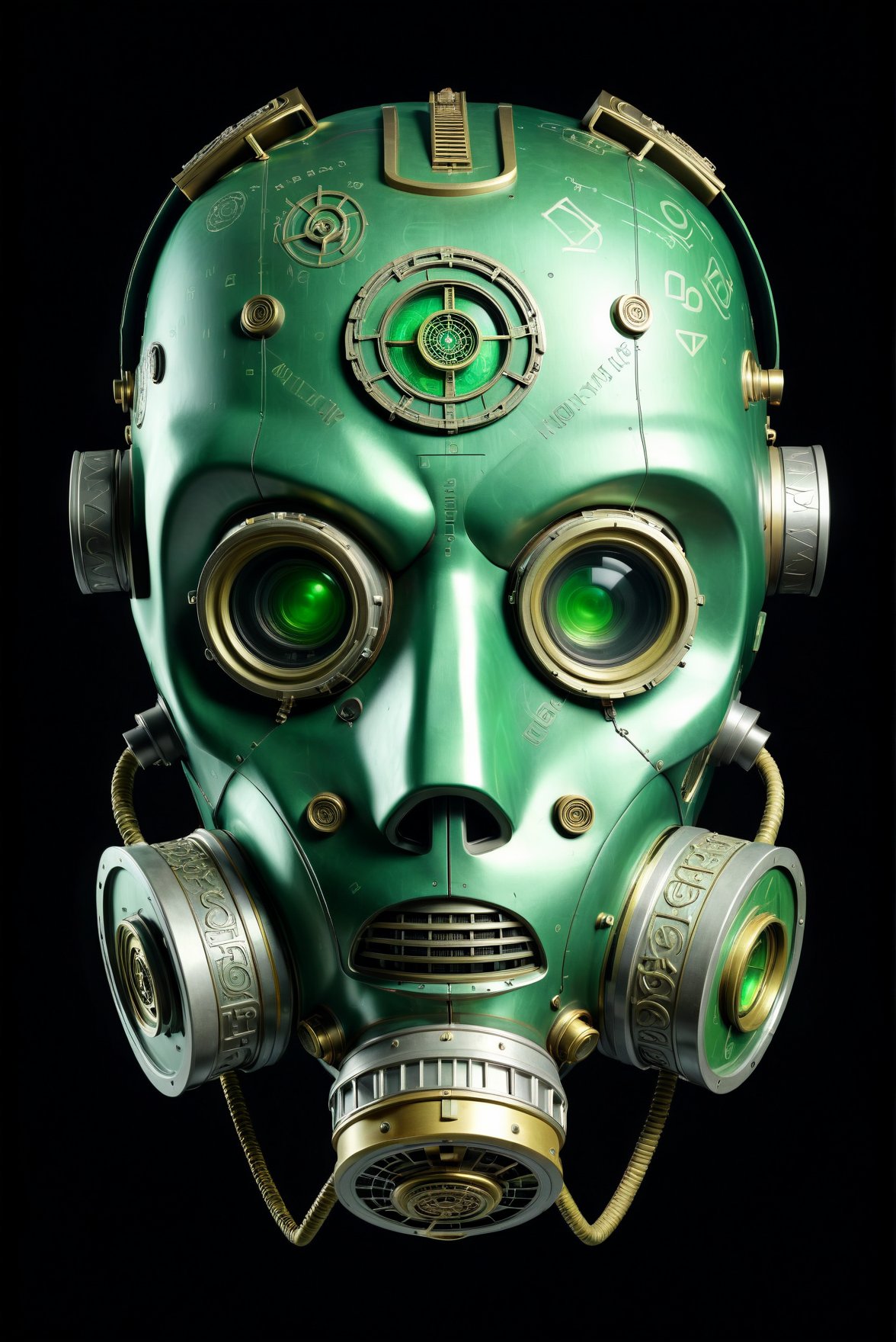 A colossal robot head adorned with ancient scrolls and glyphs. Its metallic surface seems to hold countless stories and forgotten knowledge.   ,wearing a tactical gas mask. The mask is constructed from a dark, matte composite material with a sleek, angular design. Glowing green orbs embedded within its face scan and analyze the environment,  preserving information for future generations.