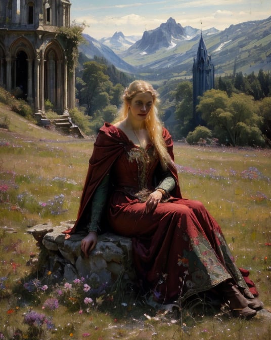 , ultra high resolution, 8k, masterpiece UHD, unparalleled masterpiece, ultra realistic 8K, 
Atmospheric perspective. Full body shot, a close up, beautiful medivel princes,extremely beautiful,blonde,  red furry cape, megestic blonde ,straight long hair,Rapunzel ,,in a beautiful grass meadow,with (many wild flowers ),a ruined castle in background , snowy mountain peakes visible in distance,sitting ,, highly detaild,,  , detaild background,,  highly detaild ruind castle background,plants,beautiful and coulerful flowers,  , intricate details, concept art,in the style of nicola samori,