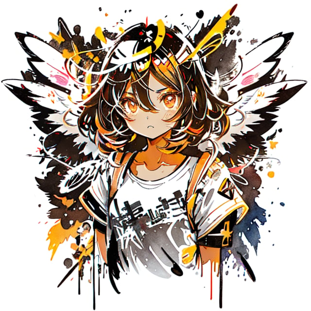 Angel falls, cute anime girl , Black haired girl, brown eyes, light skin, upper body, posing, wearing a black oversized shirt, skater vibes, graffiti, wings on background, sing, symbols, cross, split, dynamic, halo, minimalistic, Illustration, Watercolor, Ink, thematic background, ambient enviroment, epic, candystyle, vector art, t-shirt design, flat colour, face symmetry, very high details of eyes.