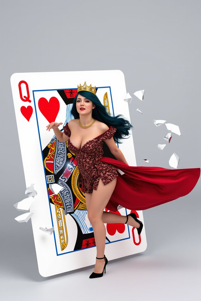 A surreal digital illustration featuring a dramatic scene where a large Queen of Hearts playing card is shattered into fragments, creating a sense of dynamic motion and depth. The card, positioned vertically and tilted slightly to the right, is predominantly white with red heart motifs and a black border. The traditional depiction of the Queen of Hearts on the card is partially visible through the shattered surface, wearing a crown, a detailed dress with intricate gold, red, blue, and white patterns, puffed sleeves, and a deep neckline. The woman emerging from the broken card has long, dark blue-black hair flowing behind her, wearing a golden crown, an ornate off-shoulder dress with intricate gold, red, blue, and white embroidery, a deep V-neckline, puffed sleeves, and a crimson red cape that billows dramatically. Her right arm is stretched forward while her left arm is bent back, suggesting she is in mid-motion, possibly running or jumping. She wears black high-heeled shoes with ankle straps and a delicate gold necklace. The woman's skin tone is light with a warm peach undertone, contrasting beautifully with her attire. The shattered fragments of the card are scattered around her, appearing to explode outward in various directions, adding to the surreal and dynamic feel of the image. These fragments are sharp, white, and metallic, contrasting with the colorful card design. The background is a smooth, light gray gradient, providing a neutral backdrop that emphasizes the central elements and adds to the fantastical atmosphere. The overall composition is balanced, with the main subject positioned slightly to the right of center, creating a powerful visual impact. The lighting is soft and even, highlighting the intricate details of the woman's attire, the broken card, and the surrounding environment without harsh shadows, enhancing the fantastical and dynamic nature of the scene.