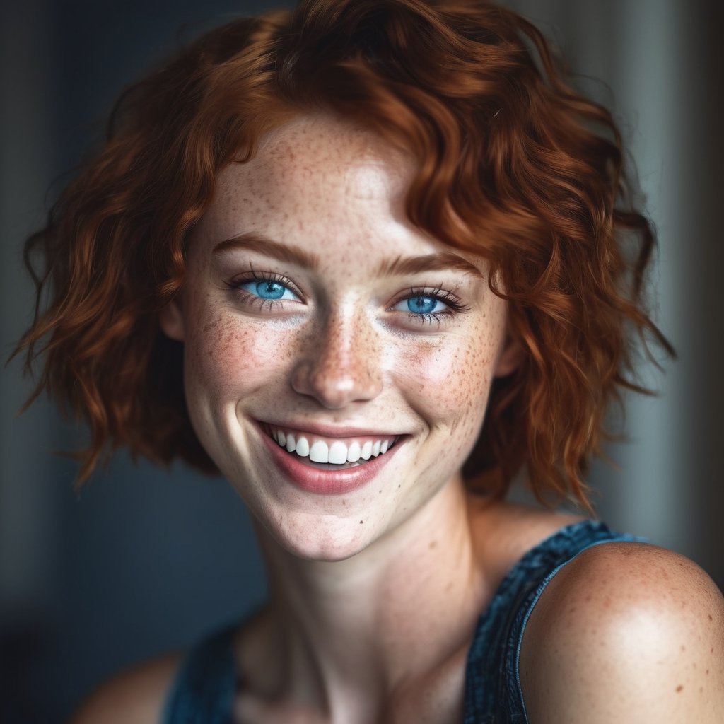 beautiful lady, (freckles), big smile, blue eyes, short hair, dark makeup, hyperdetailed photography, soft light, head and shoulders portrait, cover