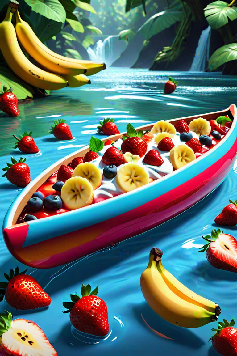 A banana-split canoe floating down a strawberry-sundae river. vibrant, photo realism, Masterpiece, 8k, 32k, best quality, ultra detailed, best artist, micro details, sharp edges, detailed textures, full body shot, atmospheric lighting, visually stunning, perfect composition, trending on artstation