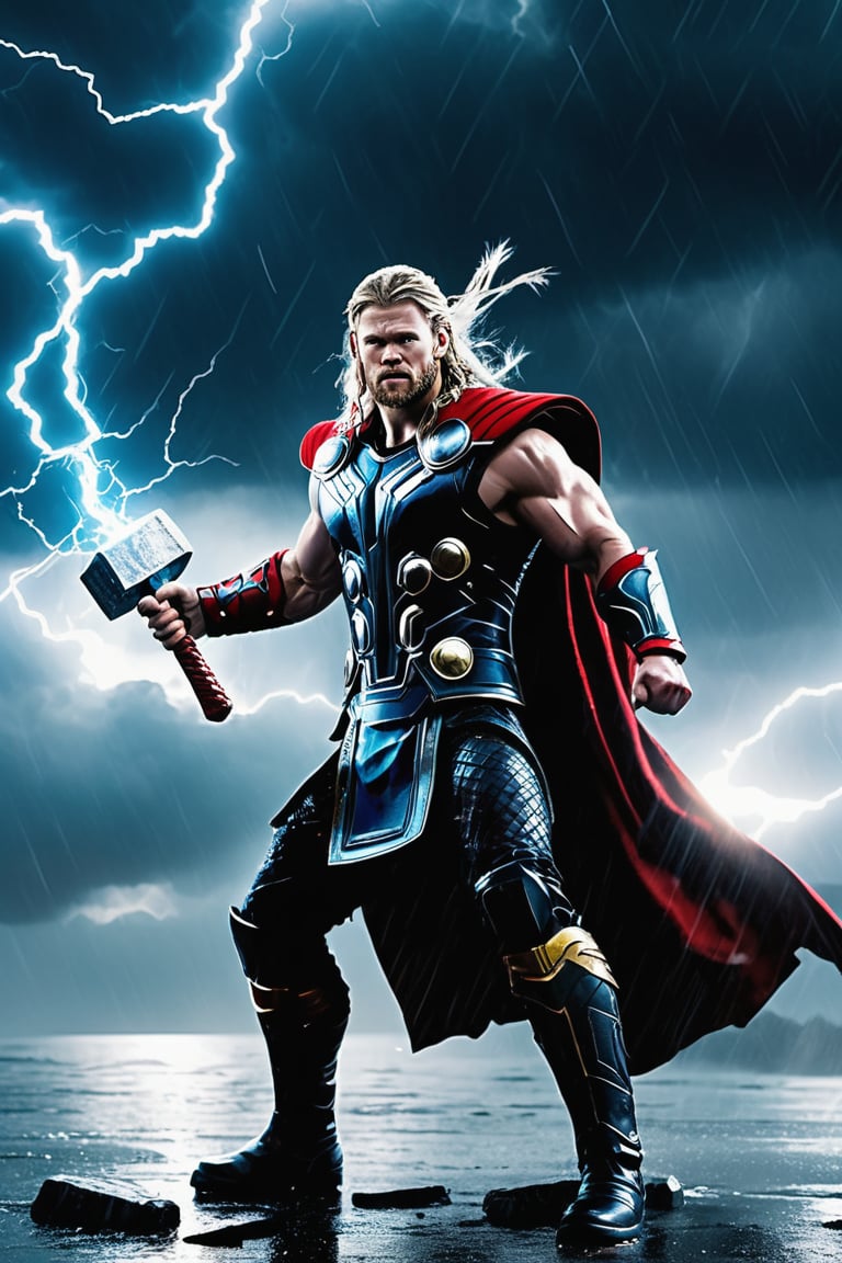 a cinematic shot of Thor the thunder god holding Mjolnir thunder hammer in one hand, raining and lightning in background, reflective light, hkstyle, HD, masterpiece, best quality, hyper detailed, ultra detailed