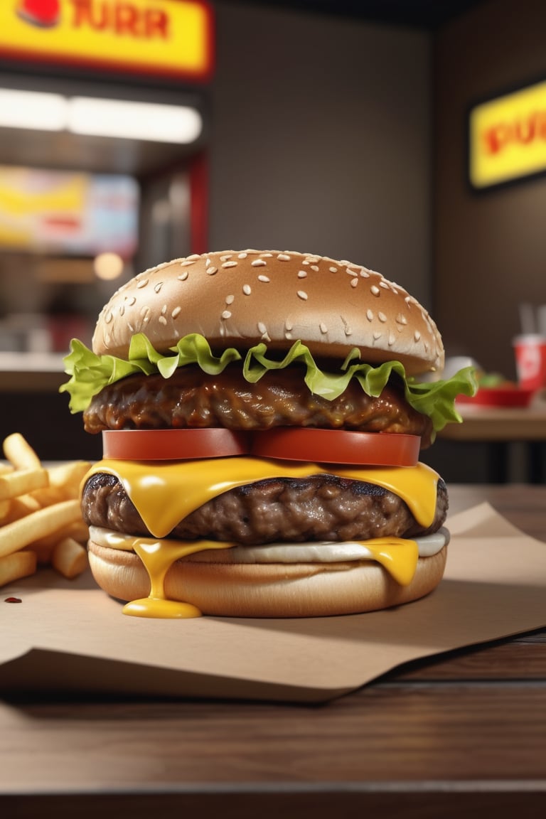 Photorealistic, a burger with no meat, a turd is in the burger, on a table in a fast food chain,realistic 