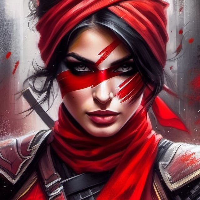 a painting of a woman-ninja with red paint on her face, art, inspired by Magali Villeneuve, ninja outfit, covered in dust, red bandana, eve ventrue, chaos paint,none