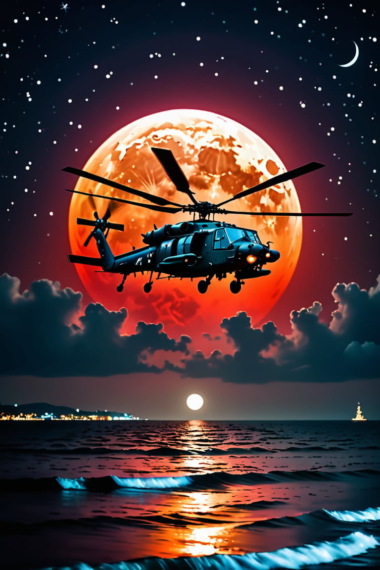 a seascape with apache helicopter flying low over the ocean, red moon, detailed image, high quality detailed art, amazing wallpaper, digital painting highly detailed, 8K, beautiful art, UHD, focus on glass illusion, bokeh,  extremely detailed Award winning photography fantasy studio lighting photorealistic very attractive beautiful imperial colours ultra detailed 3D ,, night photography, nocturnal beauty, city lights, starry skies, celestial wonders, moonlit landscapes, urban glow, capturing the essence of darkness, ethereal atmosphere, dramatic shadows, magical ambiance, long exposure techniques, expert use of light sources, fine art photography, conceptual expression, evocative imagery, artistic interpretation, emotional resonance, creative composition, professional lighting, exquisite detail, immersive experience, storytelling through imagery, conveying mood,  unique perspective, thought-provoking concept, capturing beauty, transcending reality