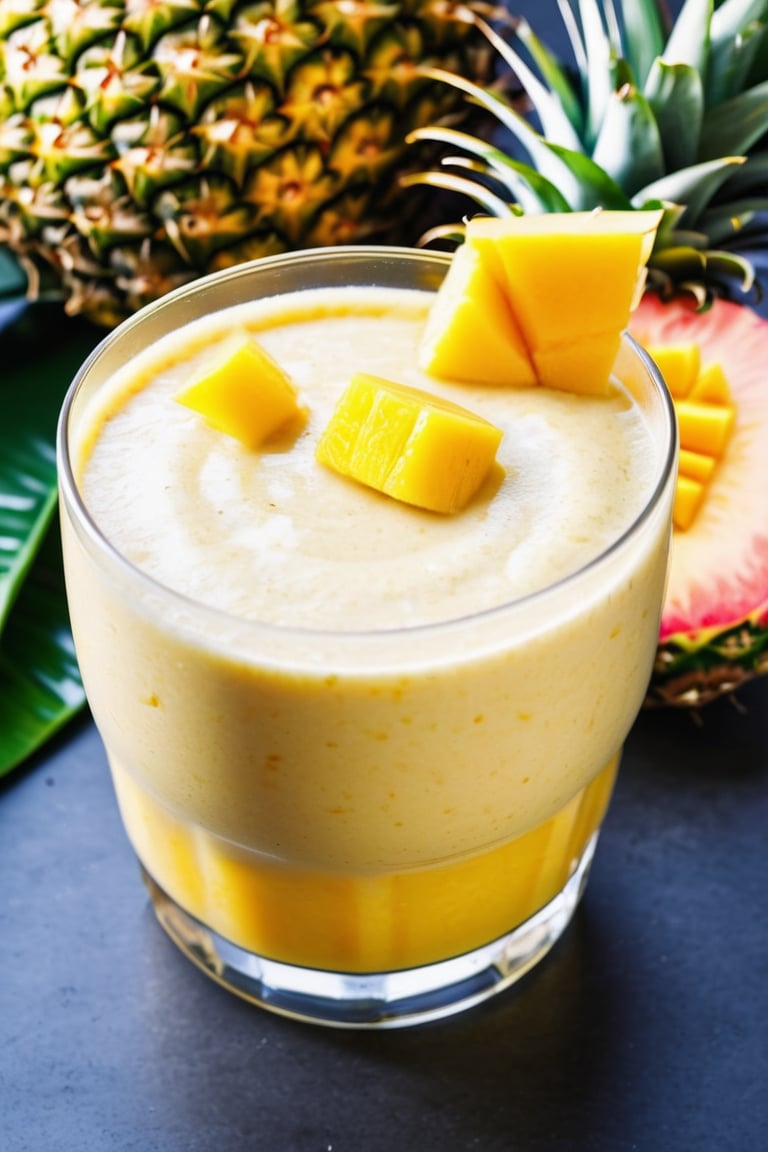 RAW photo, mango pineapple smoothie, hot summer day, food photo, DSLR, mango chunks and pineapple slices garnish, soft lighting, high quality, film grain, Fujifilm XT