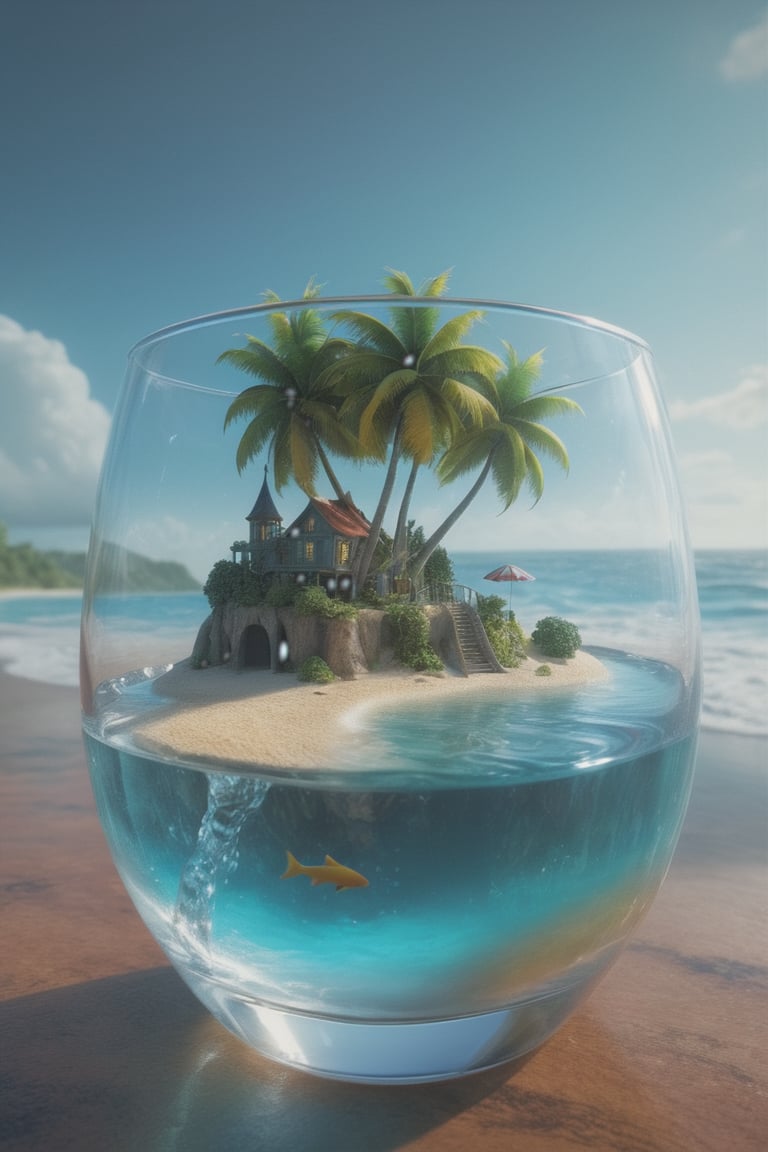 colombia, magic realism , epic, ((Magic realism)) extreme close-up, ((island with beach scene miniature inside a drinking_glass of water)) fantastic surrealism," 64k, highly detailed, UHD, HDR, octane render, whimsical scene of size juxtaposition. Playfully surreal, intricate details,"
"magic realism, photorealistic rendering, soft lighting, vibrant colors, ,magic realism, epic, size play, vivid magic realism by Hans-Werner Sahm and Marc Adamus, 64K, UHD, HDR, octane render, 3d render, depth by atmosphere, great color range""