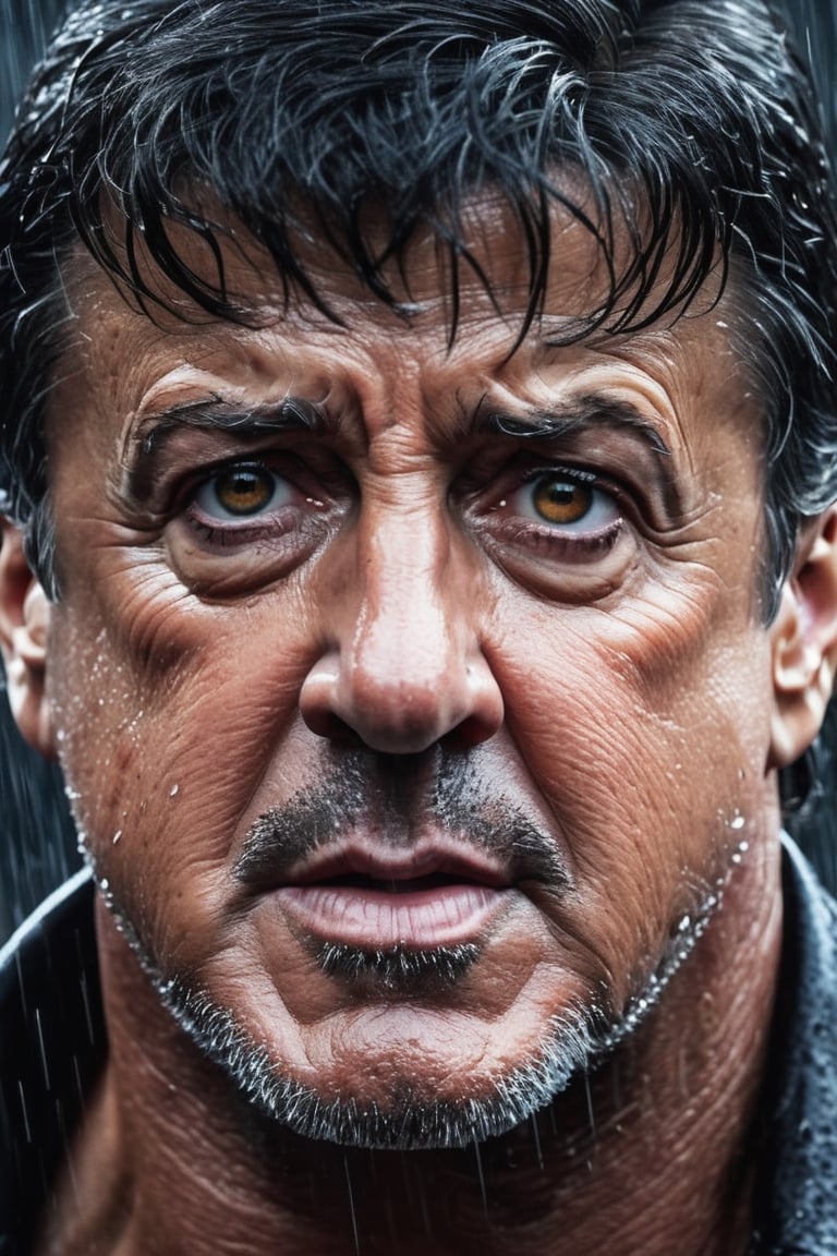 una foto de stallone enfocada en la cara, ojos recortados, imagen real. ultra realista, 8k, Mega realista, fondo claro, , Lluvia