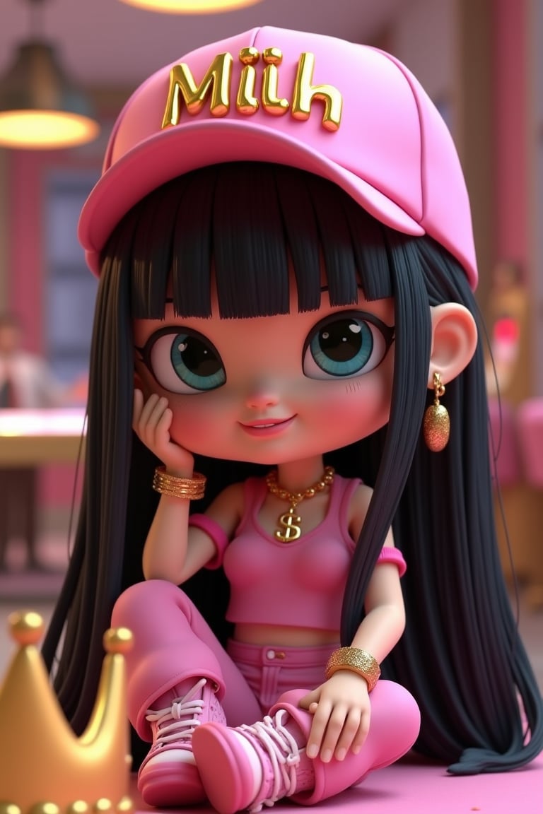 
A 3D digital artwork of Luciana, a chibi Brunetti character with long straight black hair. She wears a pink cap with metallic gold letters that spell "Miih". Luciana is dressed in the latest fashion trends, wearing a crop top and pants. She is seated next to a flawless crown, holding her pink glitter cellphone and wearing a gold bracelet watch and earrings. She wears pink sneakers with pink accents. The background is a modern, luxurious casino. The artwork is created by designer Renata Berlófa.




















She rests her hand on her forehead, her expression soft and reflective, with her hair flowing down with innocent smile seen on her face.

