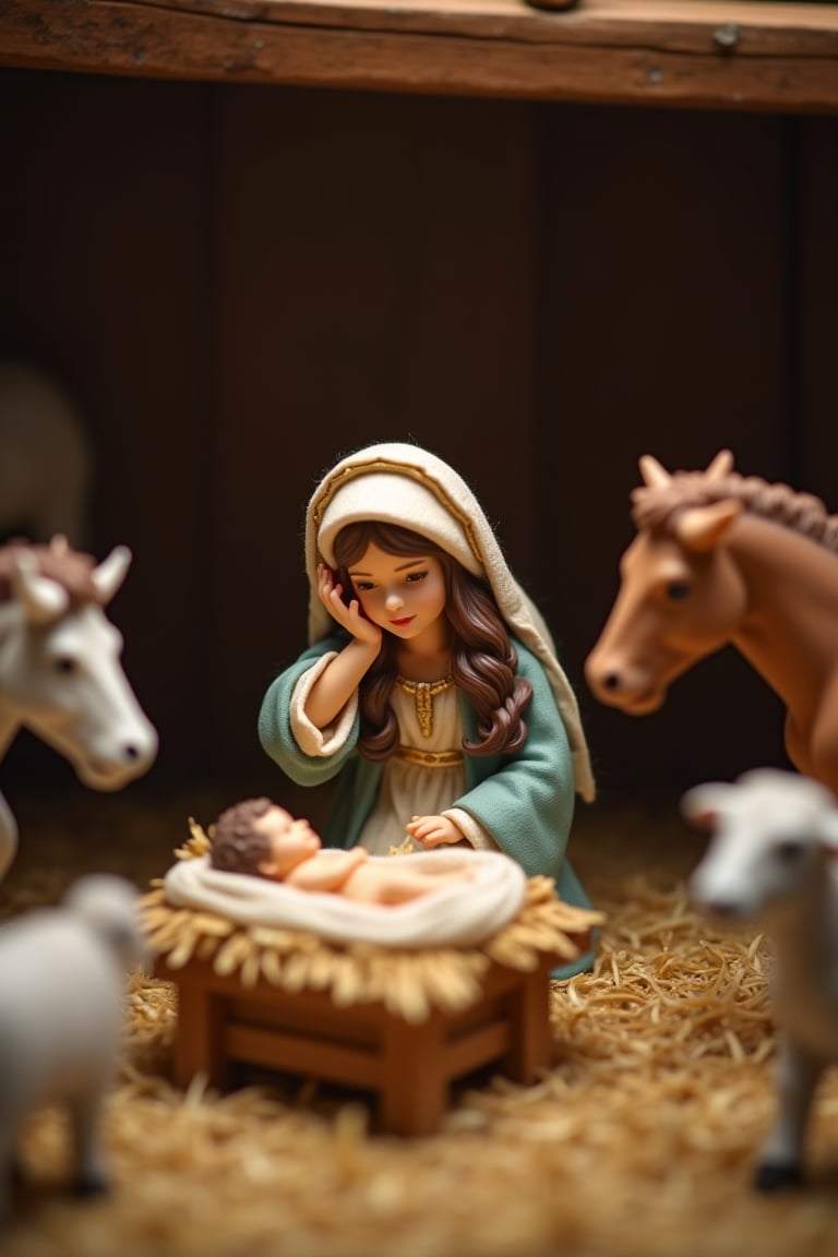 
A realistic shot of a table-top miniature farm scene depicting the birth of baby Jesus. Baby Jesus rests in a small, rustic manger at the center, with Mary and Joseph positioned on either side, both looking lovingly at the newborn. Surrounding them are lifelike miniature farm animals—horses, sheep, and a cow—all gazing towards the manger. The setting is humble, with straw bedding underfoot, wooden beams overhead, and soft, warm lighting illuminating the peaceful scene, giving it a serene and holy atmosphere. aidmaTableTopMiniatures



















She rests her hand on her forehead, her expression soft and reflective, with her hair flowing down with innocent smile seen on her face.

