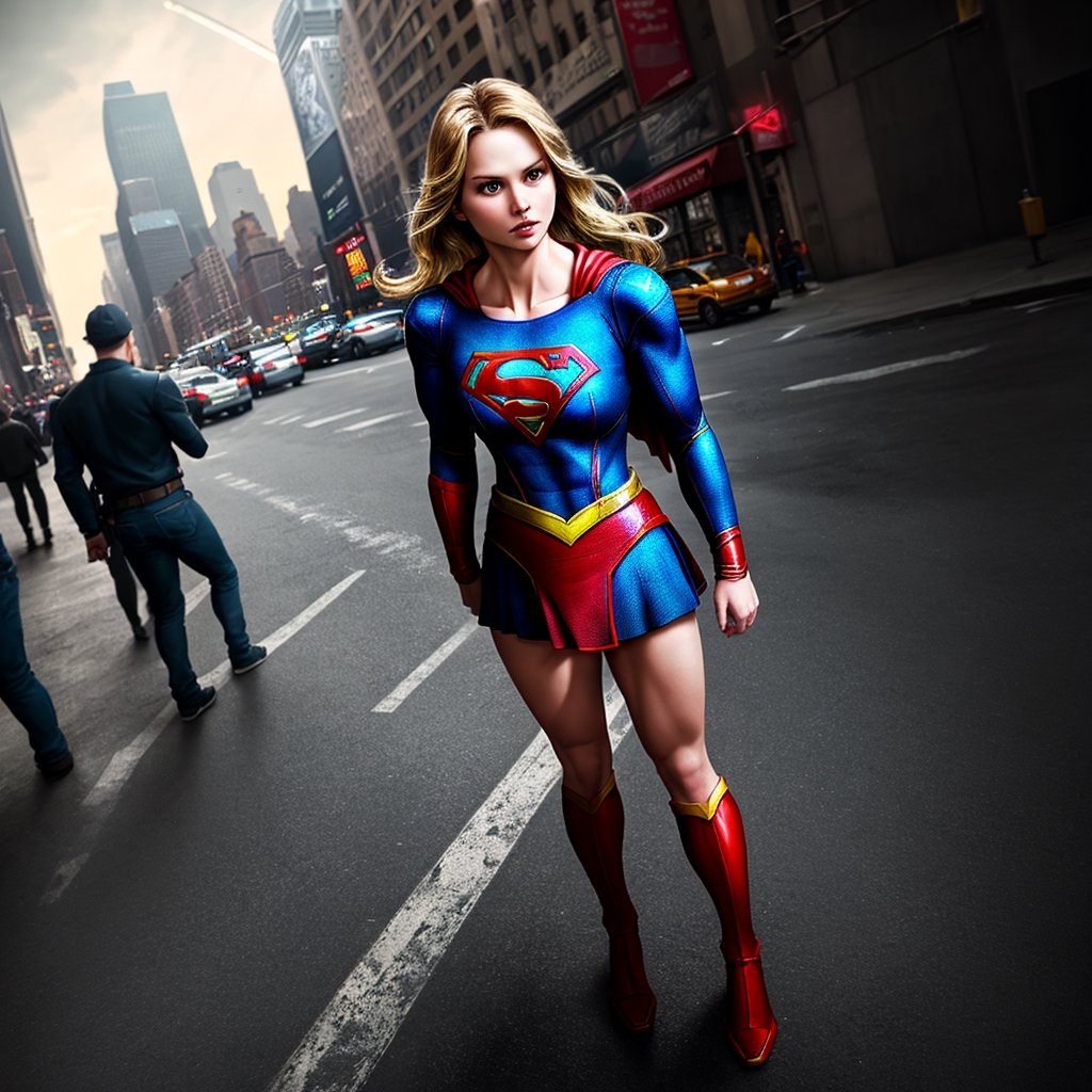 RAW photo, supergirl standing on the streets of New York, muscular, highly detailed, 8k hdr, high quality, soft cinematic light, dramatic perspective
