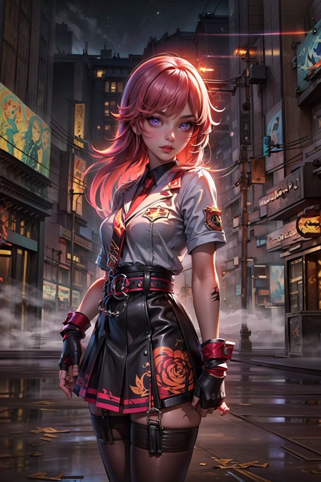 1girl, (masterpiece, top quality, best quality, beautiful and aesthetic), extremely detailed, hyper realistic, (Cinematic:0.4), (Dark and intense:1.2), cowboy shot, detailed face, (, long_hair, pink_hair, yellow_hair, bangs,),  (school uniform, miniskirt, pencil_skirt, fingerless gloves,), ((, pantyhose, garter_strap, )), ( purple eyes), foggy, eerie, haloween style,
,More Detail, gloves,perfect light, TechTensai, head and shoulder portrait, upper body portrait, night sky, japan traditional building, high heels boots, neon city,Exorcist