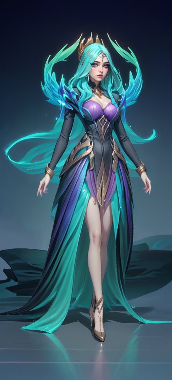 1girl, High detailed, (masterpiece, best quality, ultra-detailed, 8K), ((blank background)), vibrant colors, (long_hair, aqua_hair, parted_bangs, hair_ornament, headband,)), green_eyes, lips, ornament, (big_breasts, round_breast, big_boobs), ((dress, black_dress, purple_dress, cleavage, long_sleeves, ), ((gradient background)), ((full_body, front_view,)) ,Vexana,jewelry, bronze, gem, magic, glowing, ((,floating object on shoulders)),Dress,High detailed, pauldrons, looking_at_viewer, ,High detailed ,Color magic