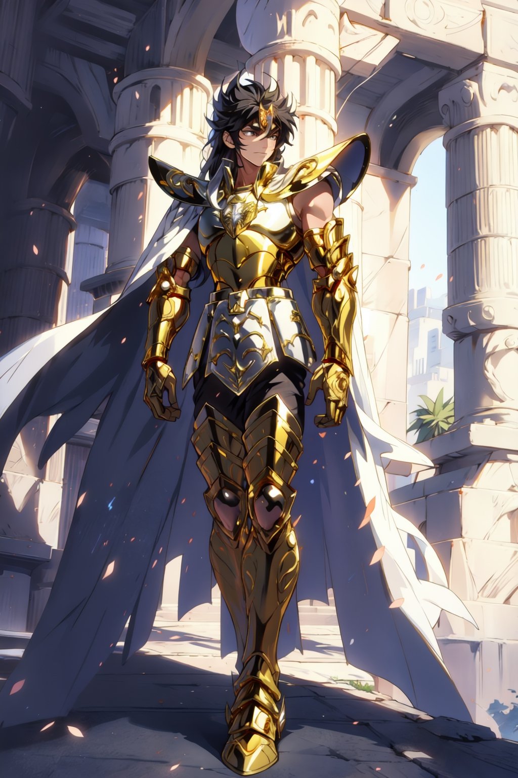 absurdres, highres, ultra detailed,Insane detail in face,  (boy:1.3), Gold Saint, Saint Seiya Style, (((Gold Armor))), Full body armor, no helmet, Zodiac Knights, (((white long cape))), black hair, Asian Fighting style pose,Pokemon Gotcha Style, gold gloves, long hair, long white cape, messy_hair, black eyes, black pants under armor, full body armor, beautiful old greek temple in the background, beautiful fields, full leg armor,FUJI,midjourney, battle_stance,